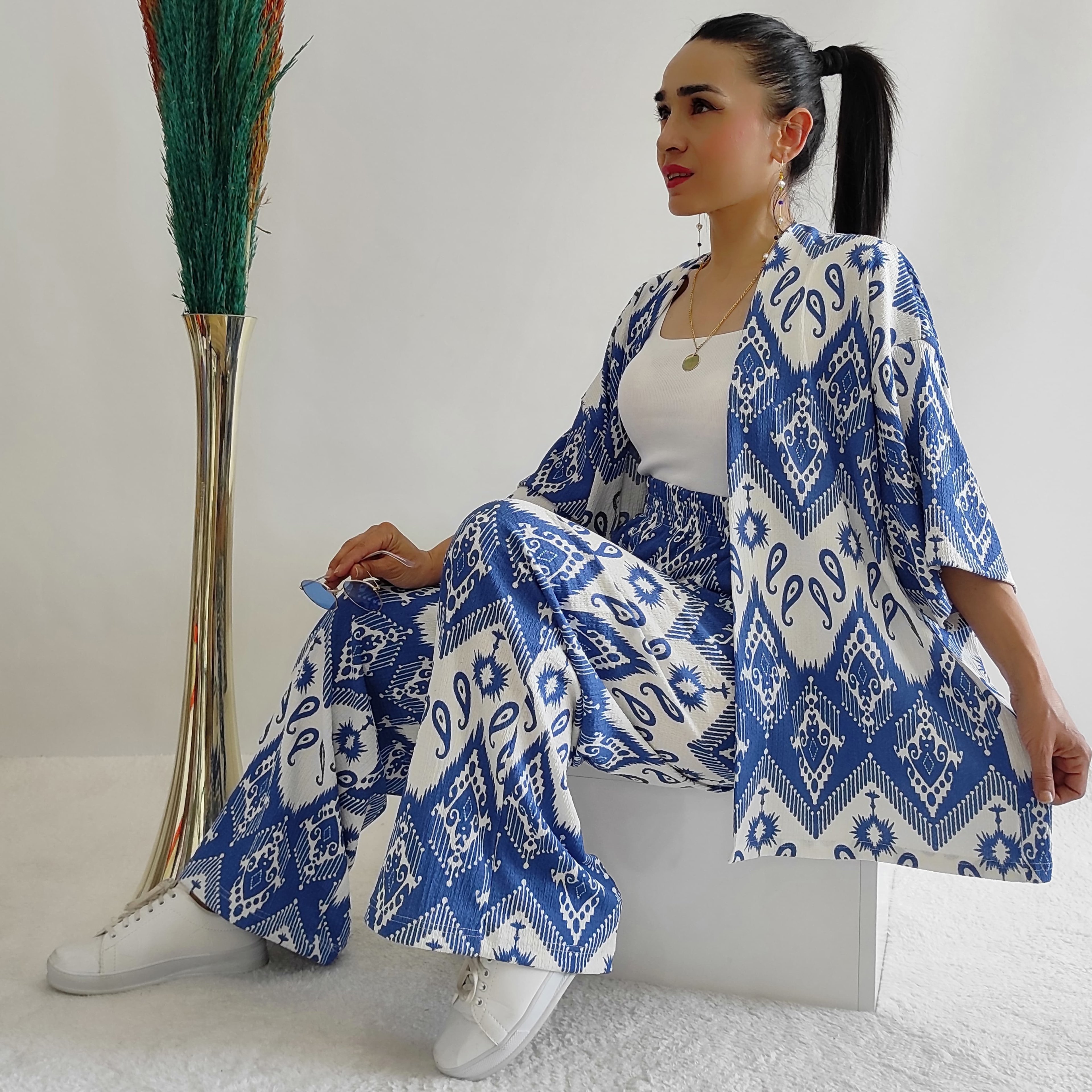 Geniş Paça Oversize Bürümcek Kumaş Desenli Kimono Takımı - Mavi