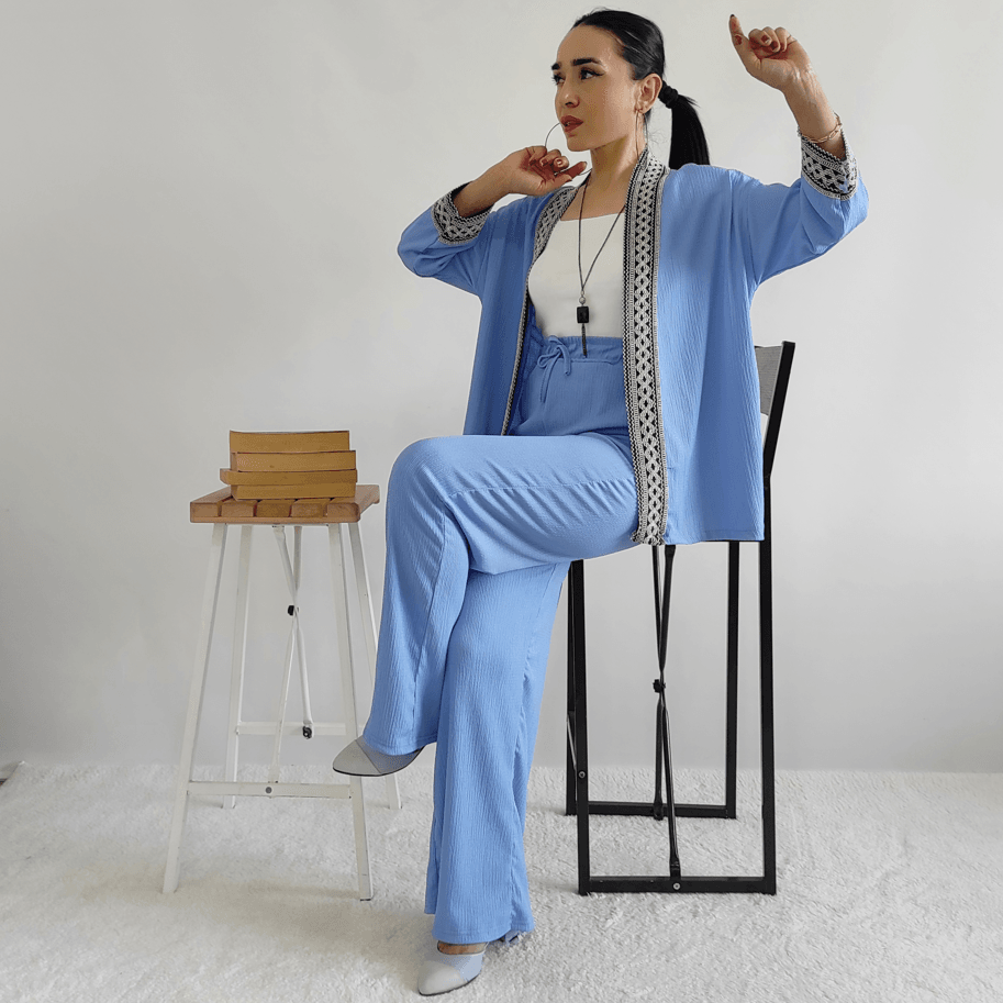 Nakışlı Geniş paça Kimono Takım - BEBE MAVİ
