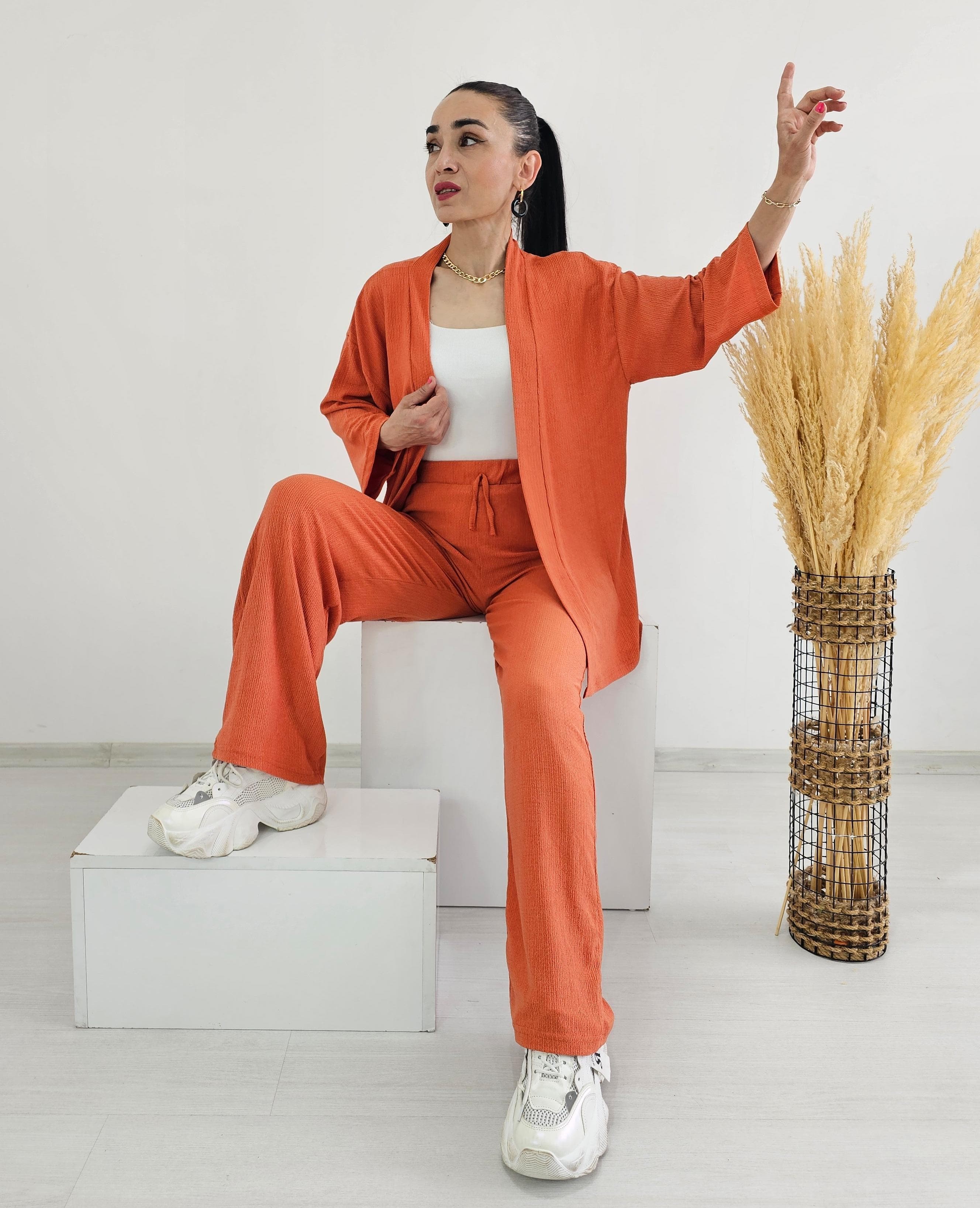 Bürümcek Kumaş Geniş Paça İkili Kimono Takımı - NEW KİREMİT