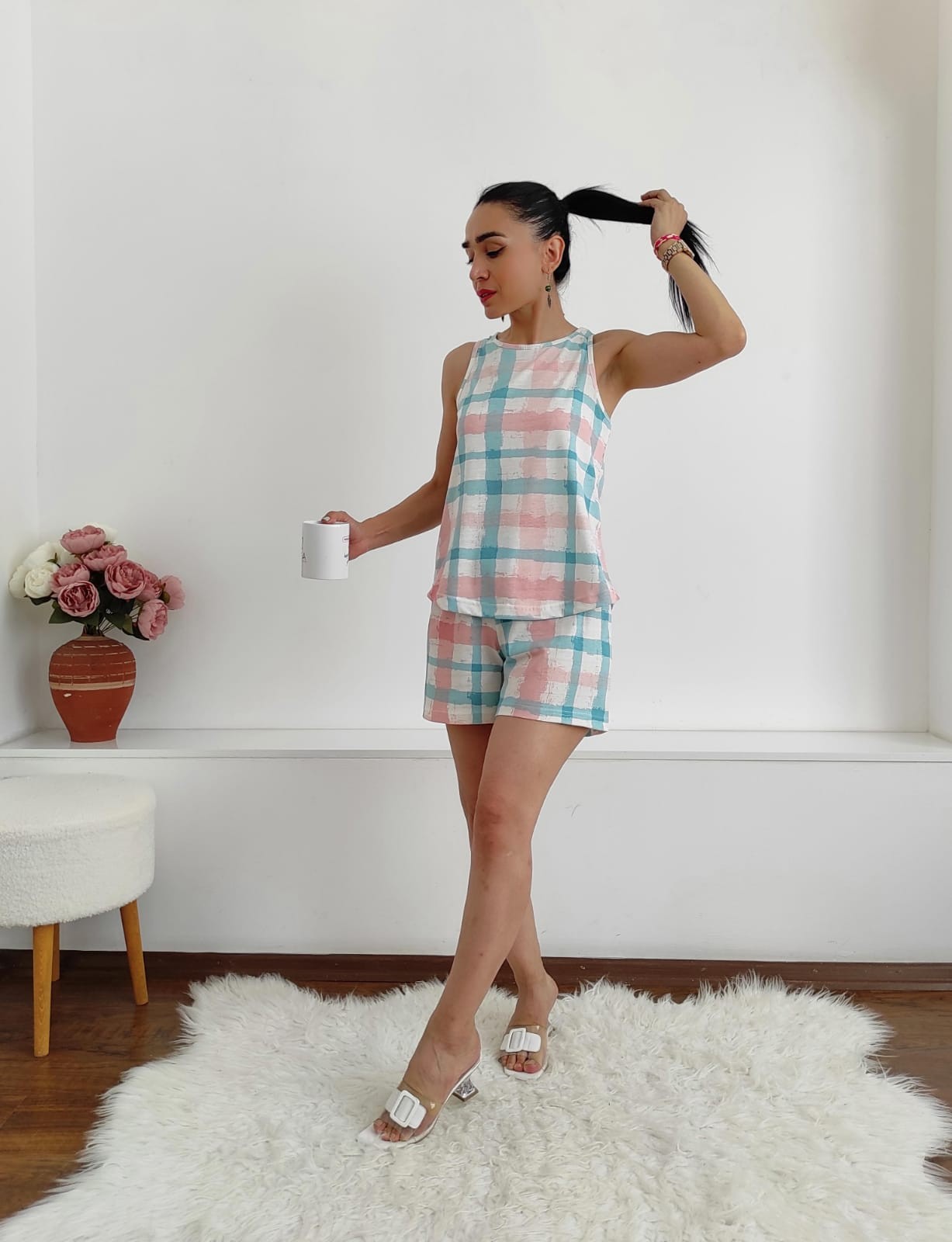 Ekose Şortlu Pijama Takım - SU YEŞİLİ