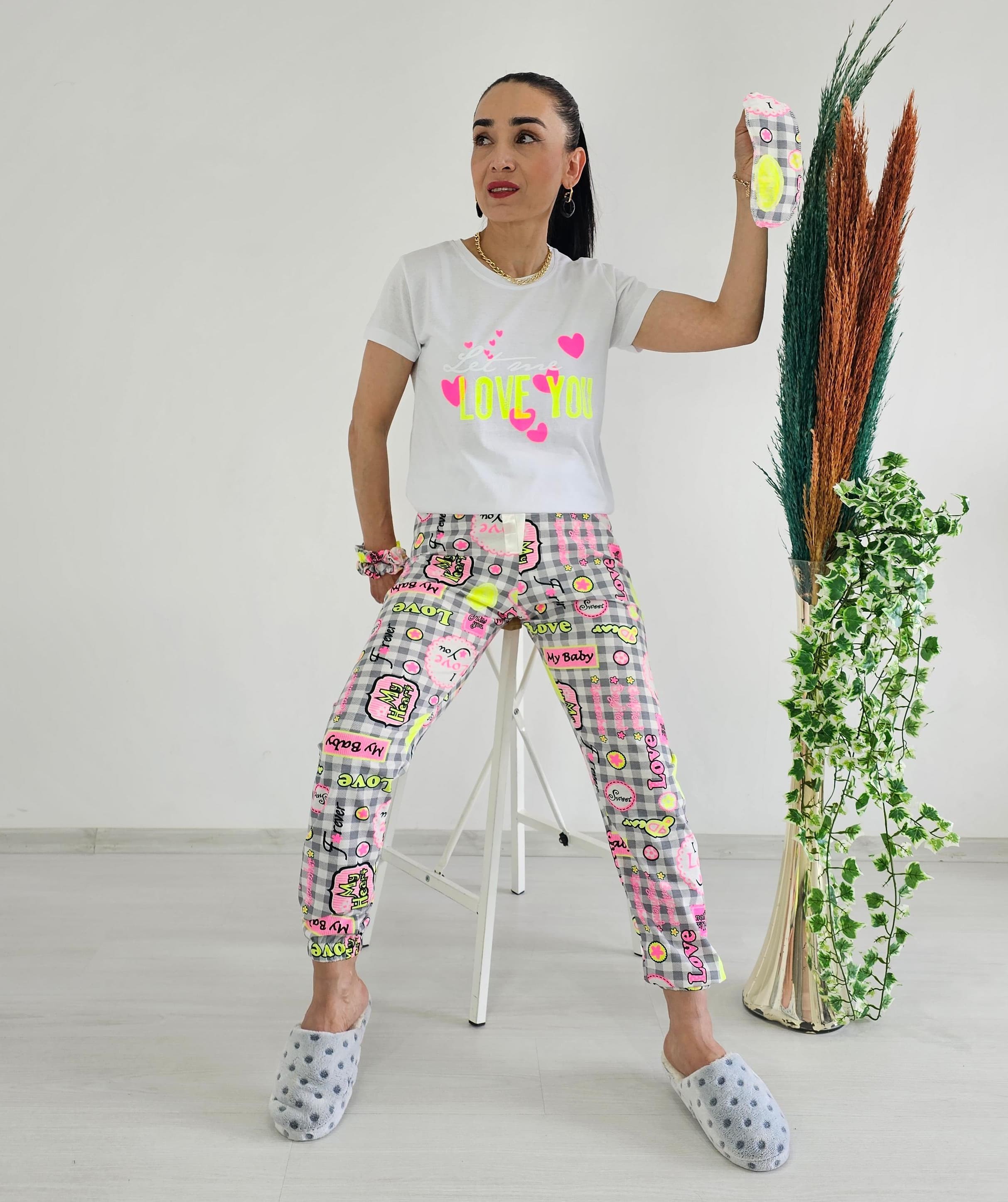 Love You Ekose Pijama Takımı-beyaz
