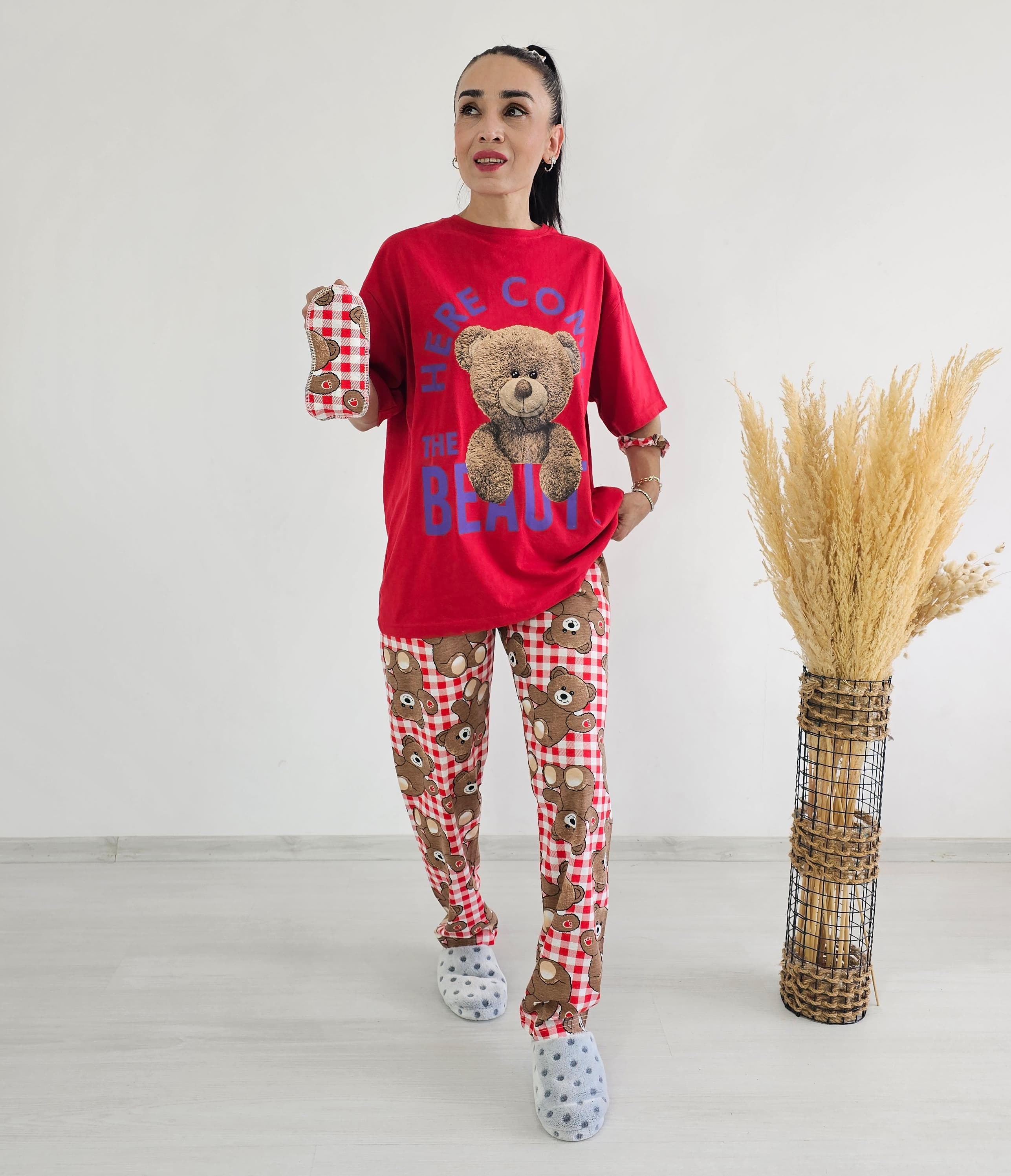 Altı Ekose Ayıcık Pijama Takımı - New kırmızı