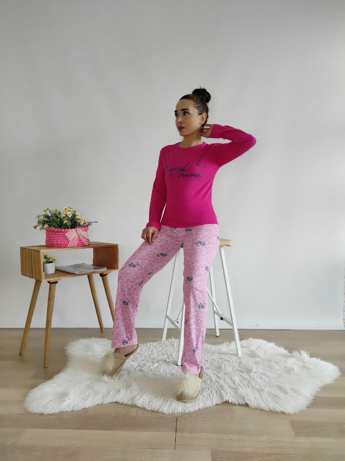 Trend Baskı Pijama Takımı-fuşya