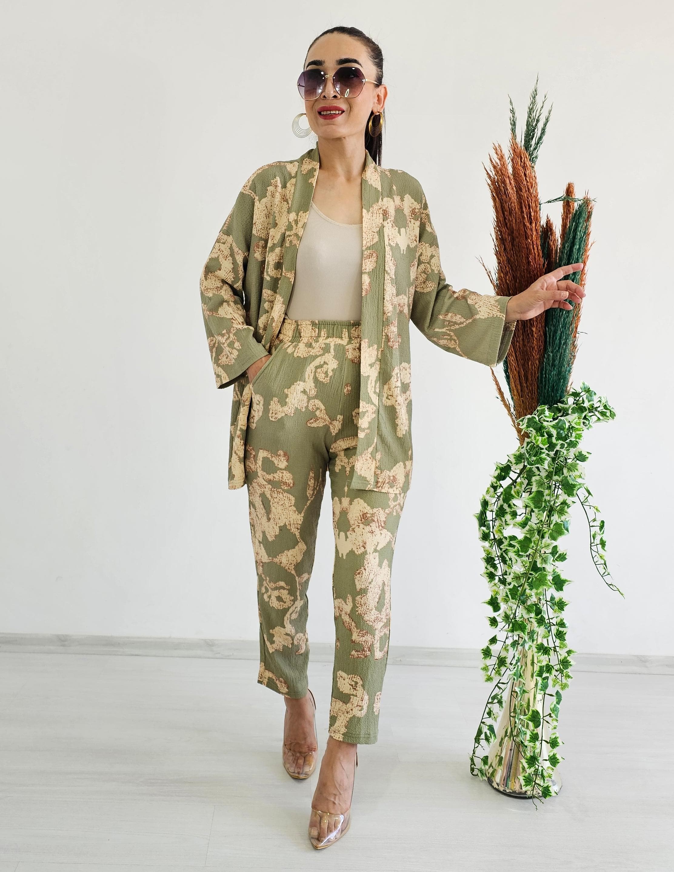Dar Desenli Kimono Takım - YEŞİL