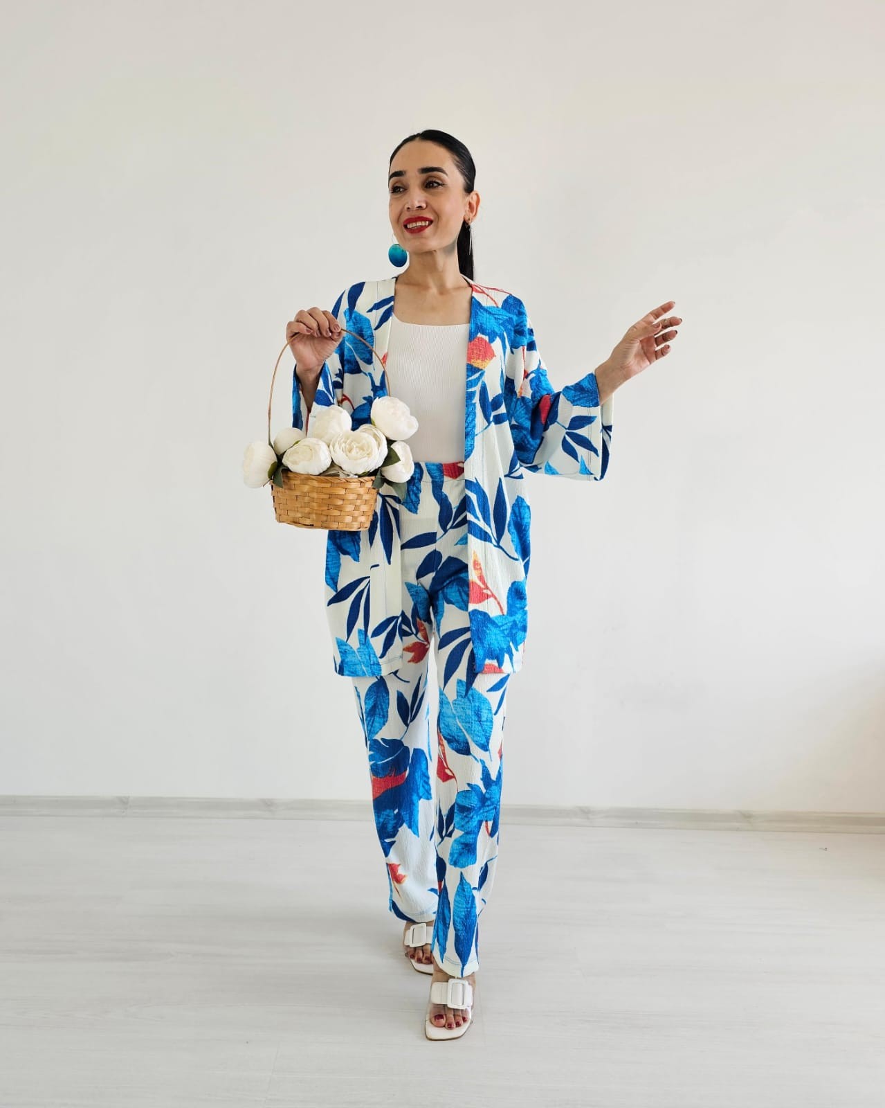 Zulaa Büyük Yaprak Desenli Kimono Takımı - Mavi