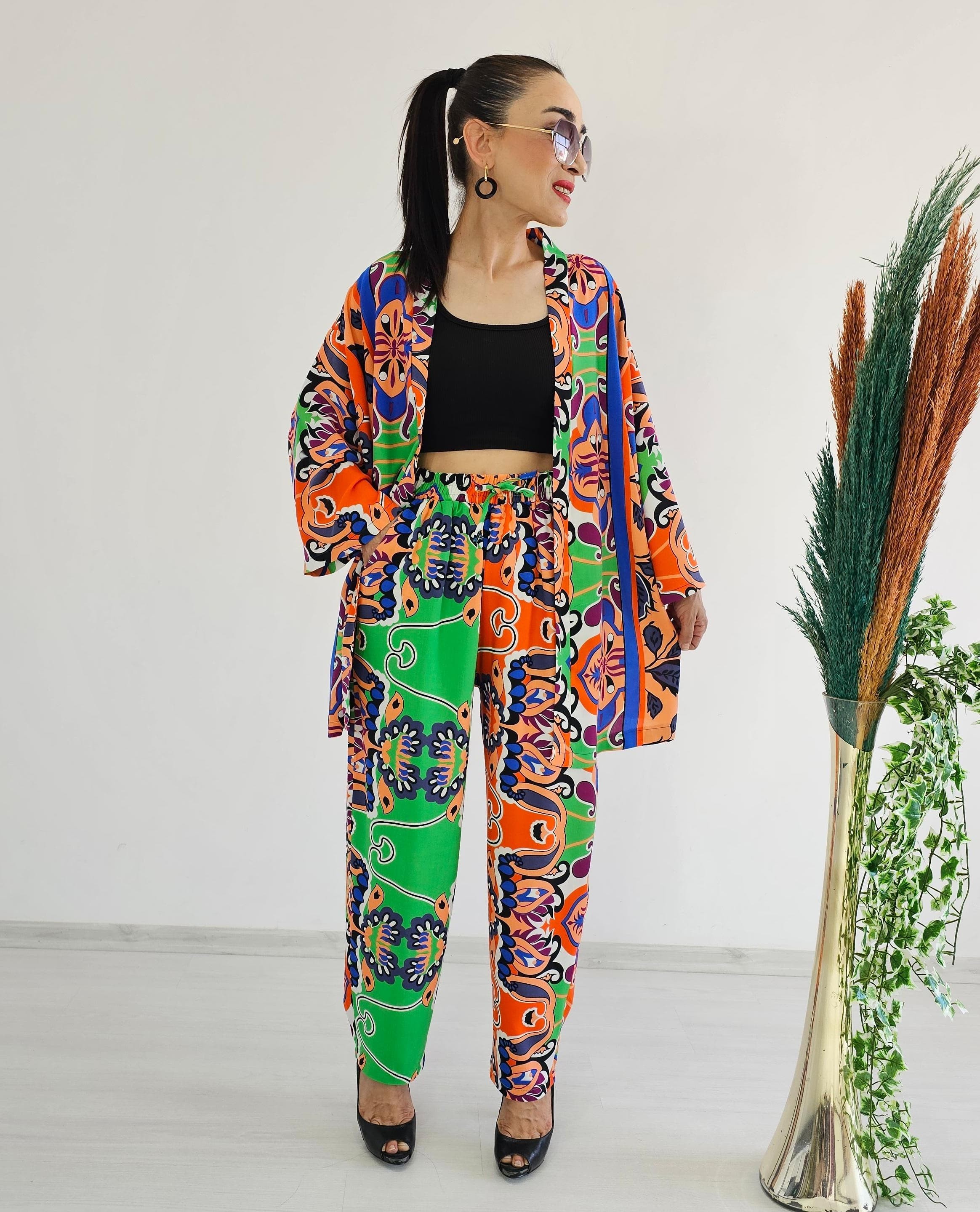 New Etnik Desen Havuç Kimono Takımı - TURUNCU