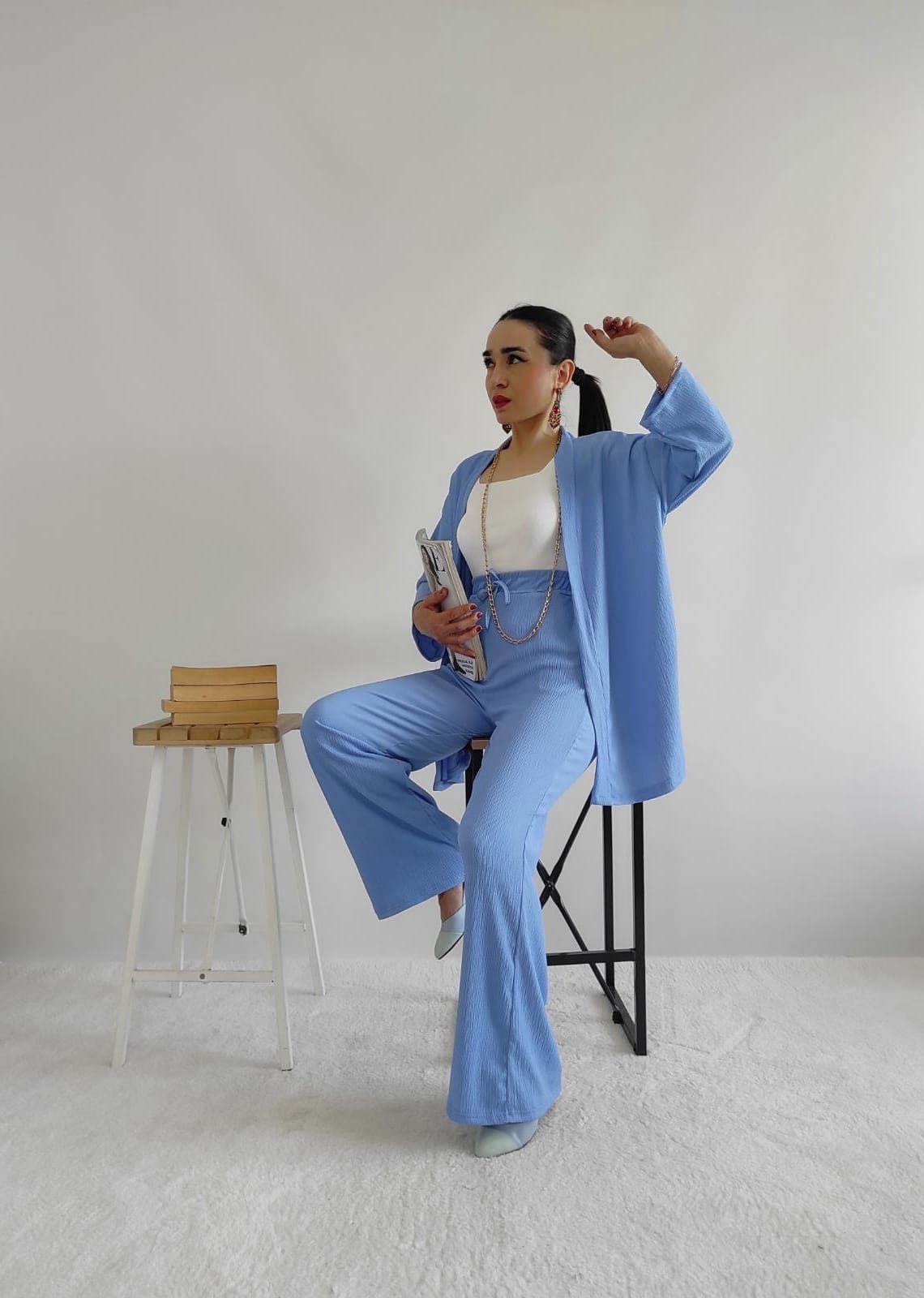 Düz Bol Paça Bürümcek Kimono Takım-bebe mavi