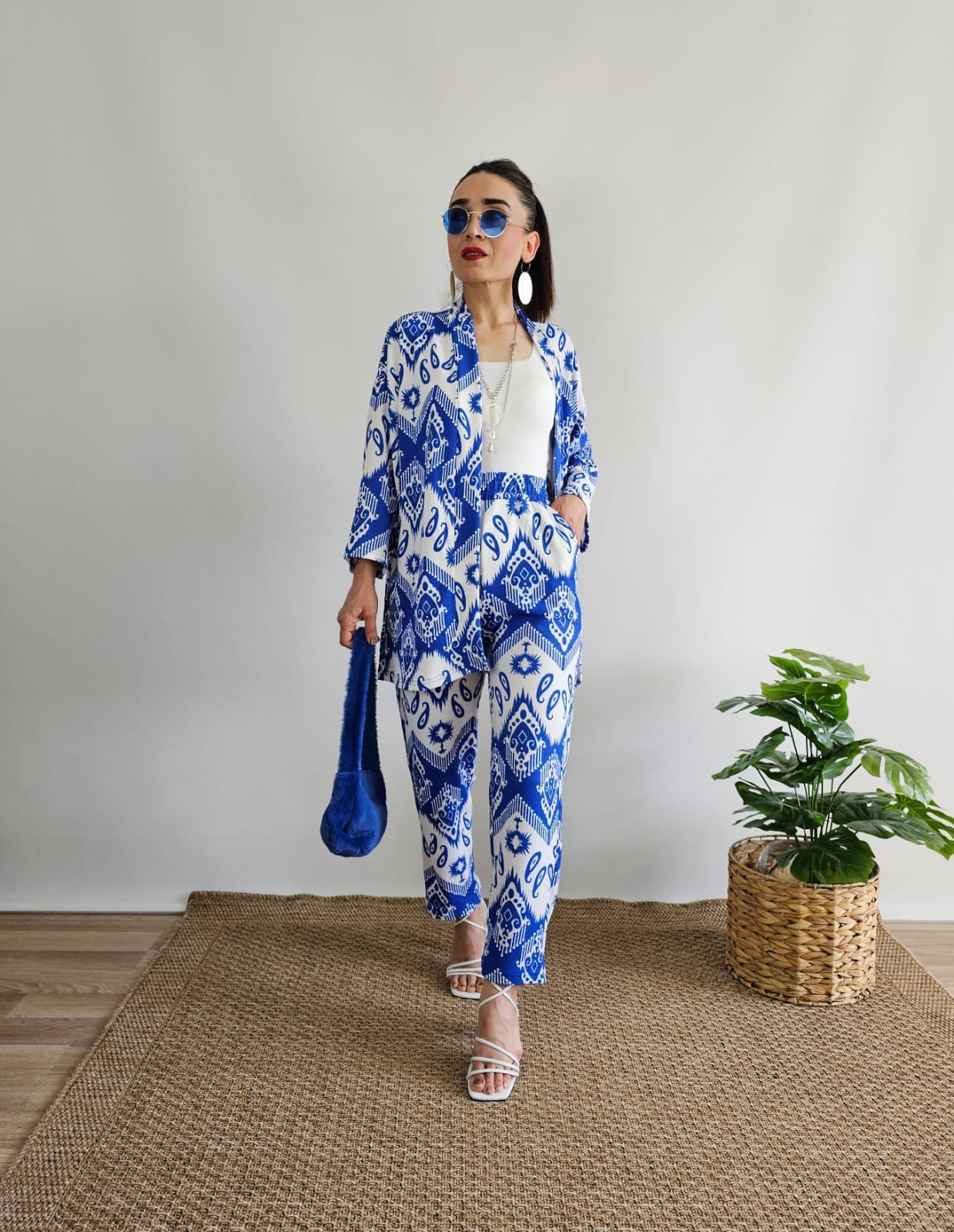 Dar Desenli Kimono Takımı - Mavi