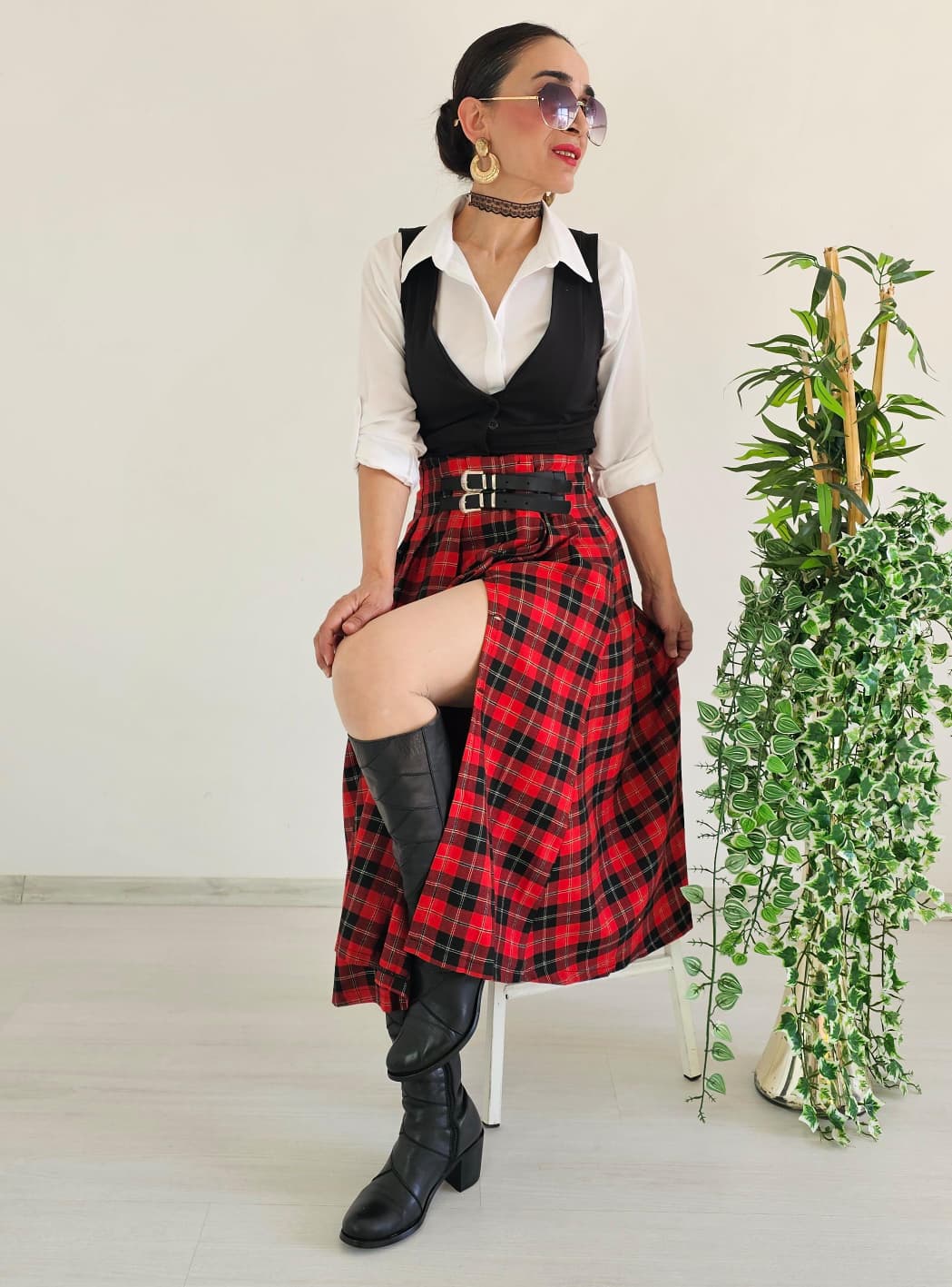 Kemerli Ekose Etek - KIRMIZI