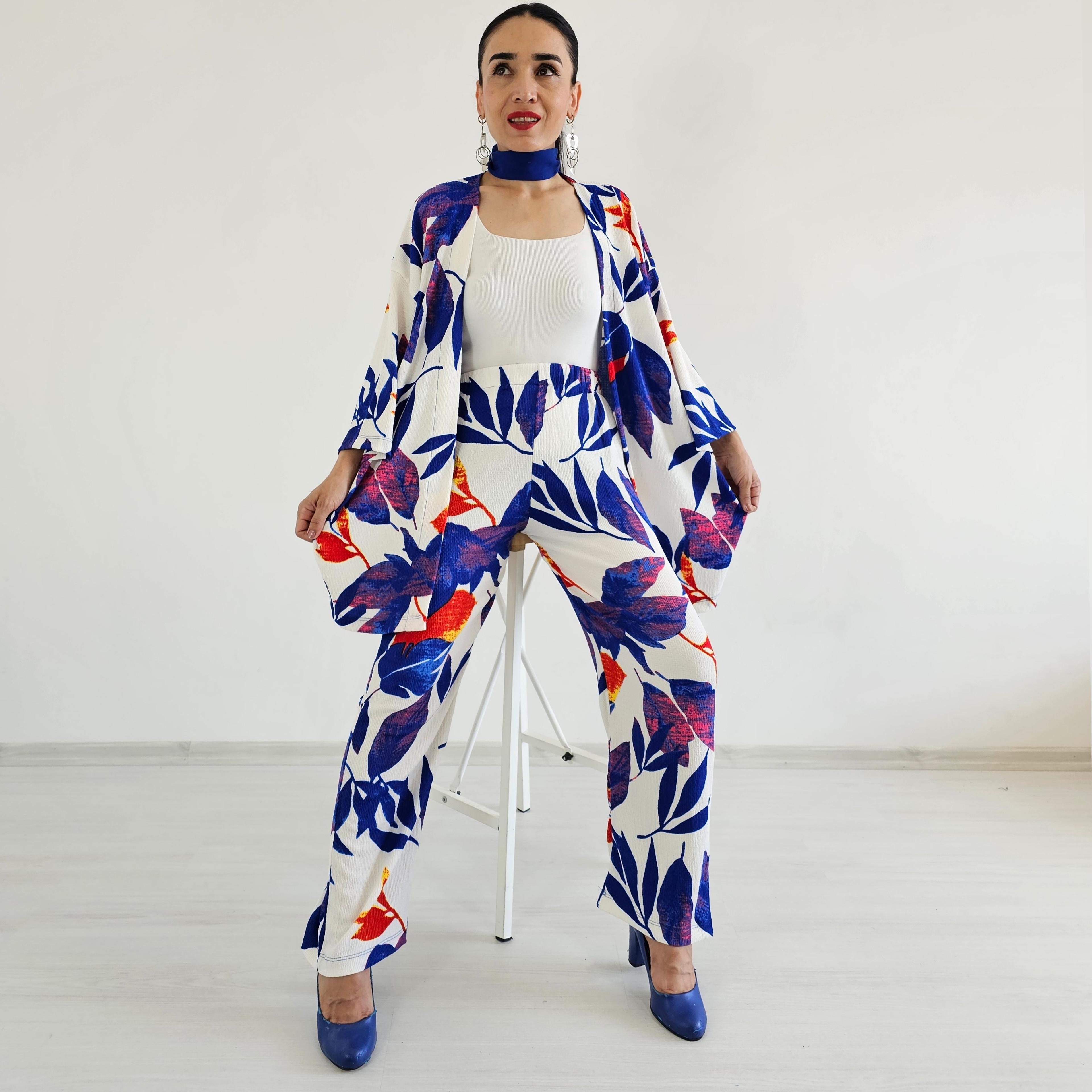 Zulaa Büyük Yaprak Desenli Kimono Takımı - SAKS