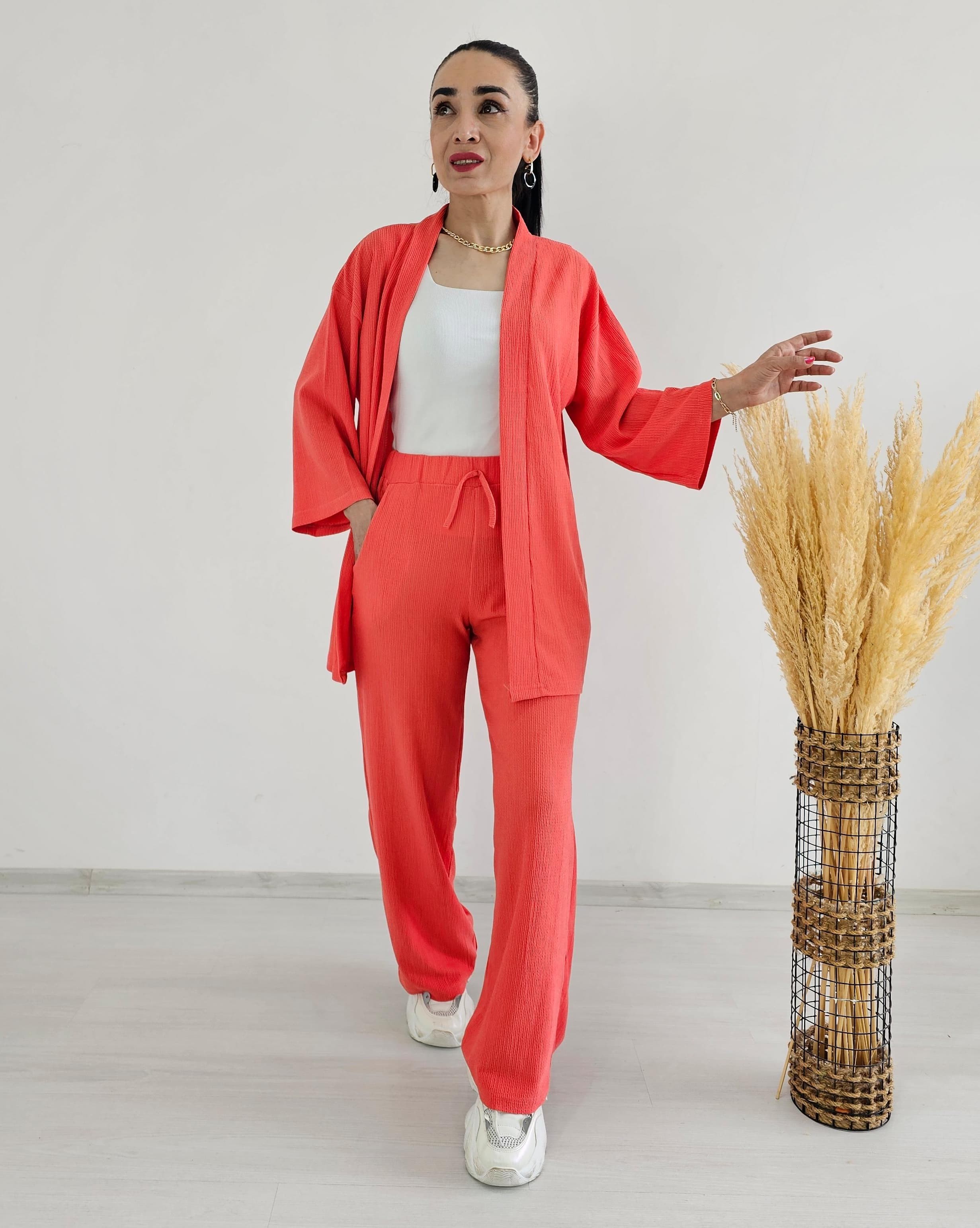 Bürümcek Kumaş Geniş Paça İkili Kimono Takımı - NAR ÇİÇEĞİ