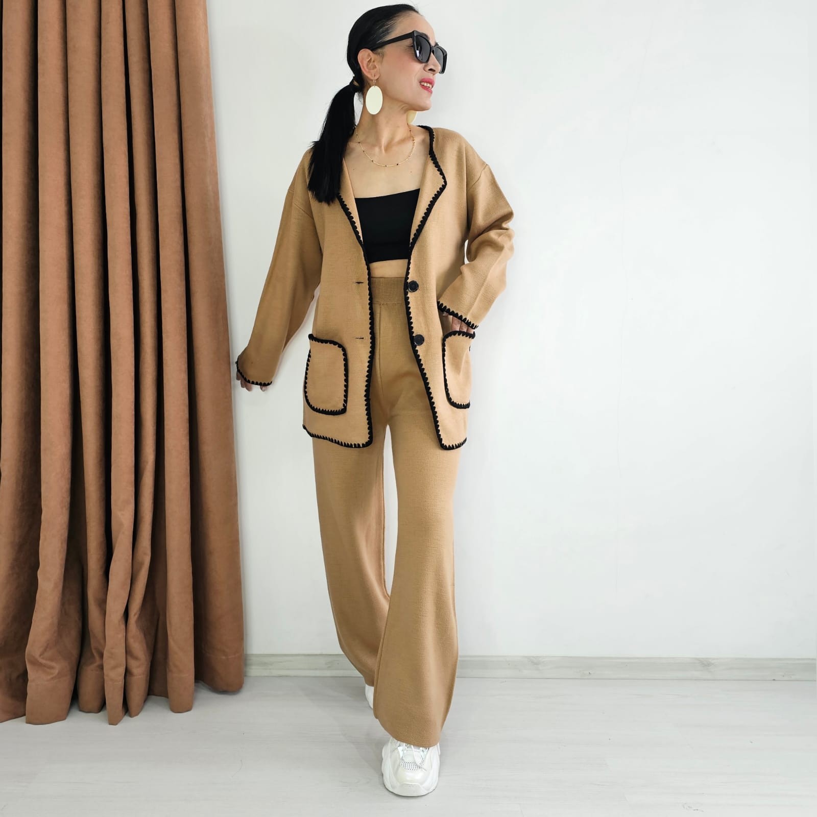 New Düğme Detay Ceketli Triko Takım - CAMEL