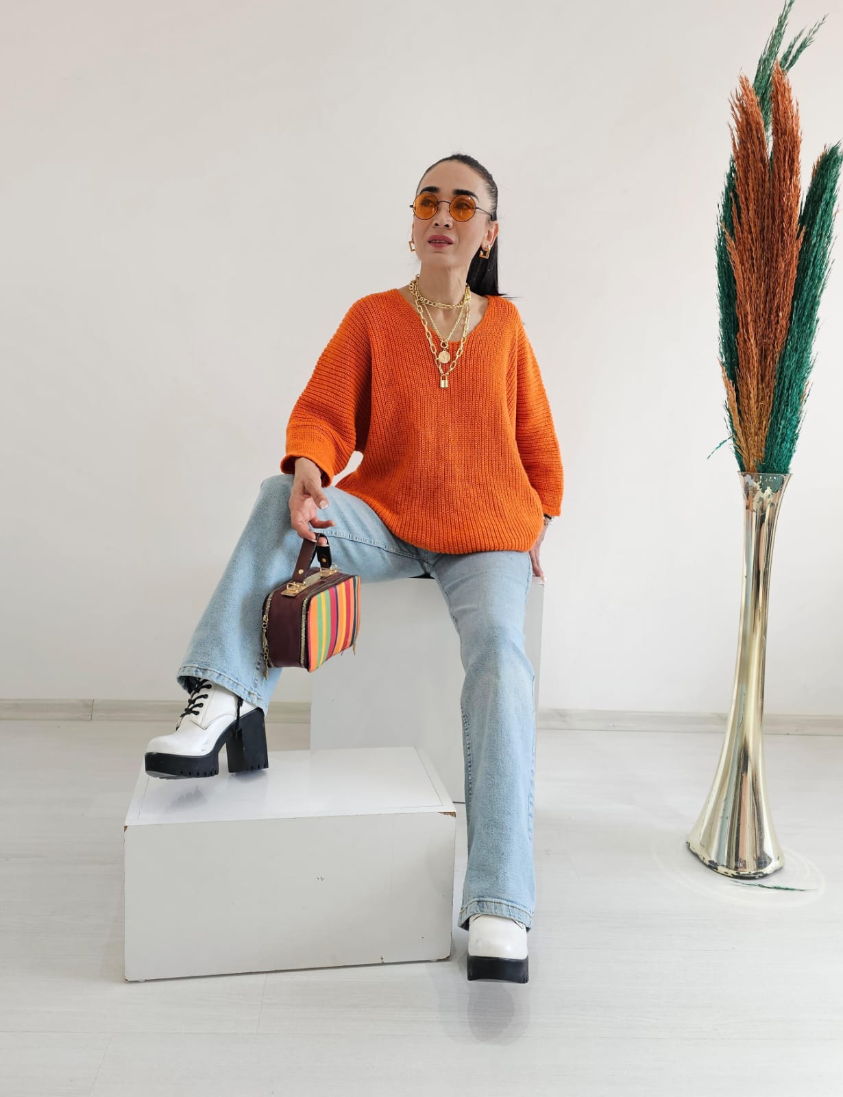 Yarasa Kol Örme Kazak - TURUNCU