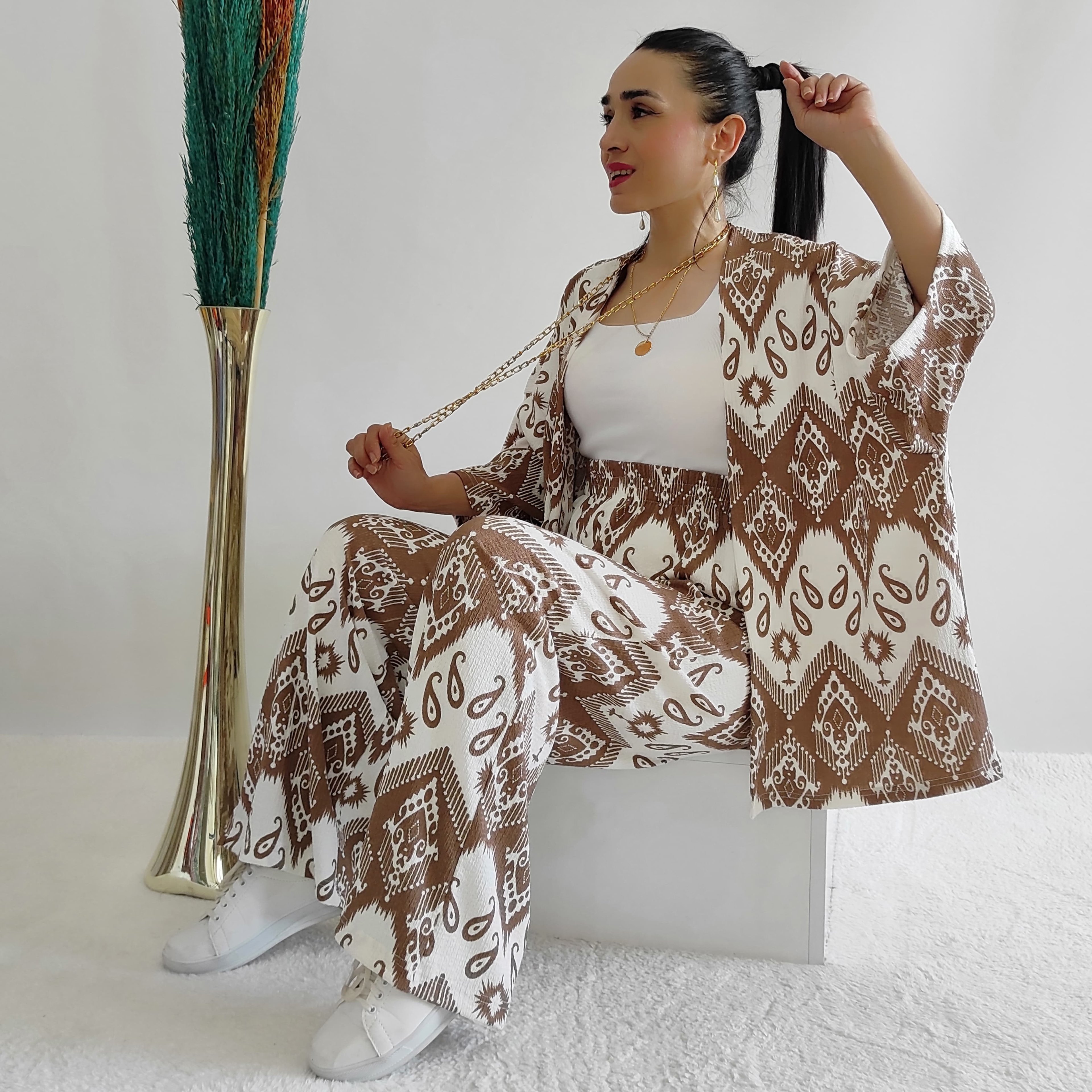 Geniş Paça Oversize Bürümcek Kumaş Desenli Kimono Takımı - KAHVERENGİ