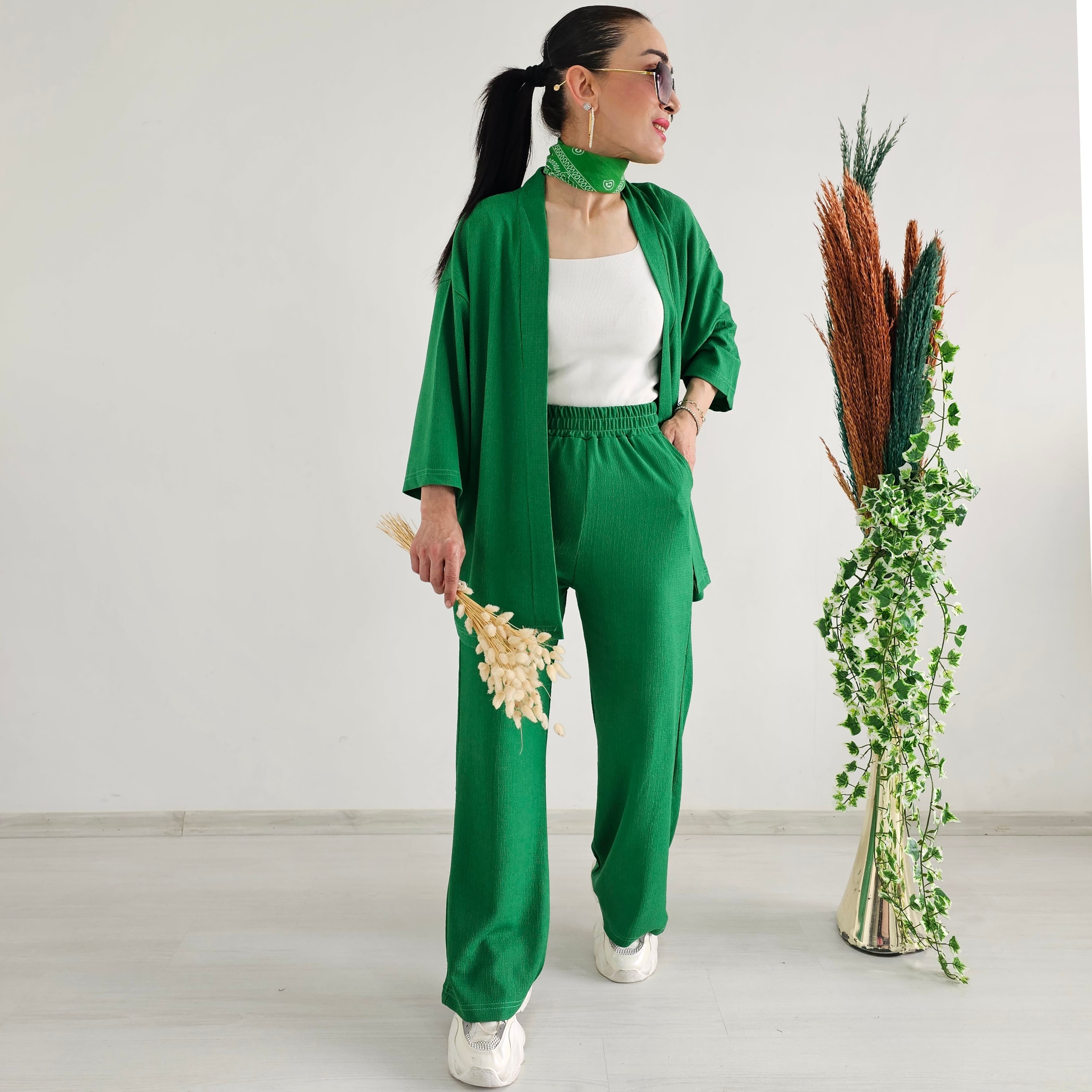Bürümcek Kumaş Geniş Paça İkili Kimono Takımı - BREZİLYA YEŞİLİ