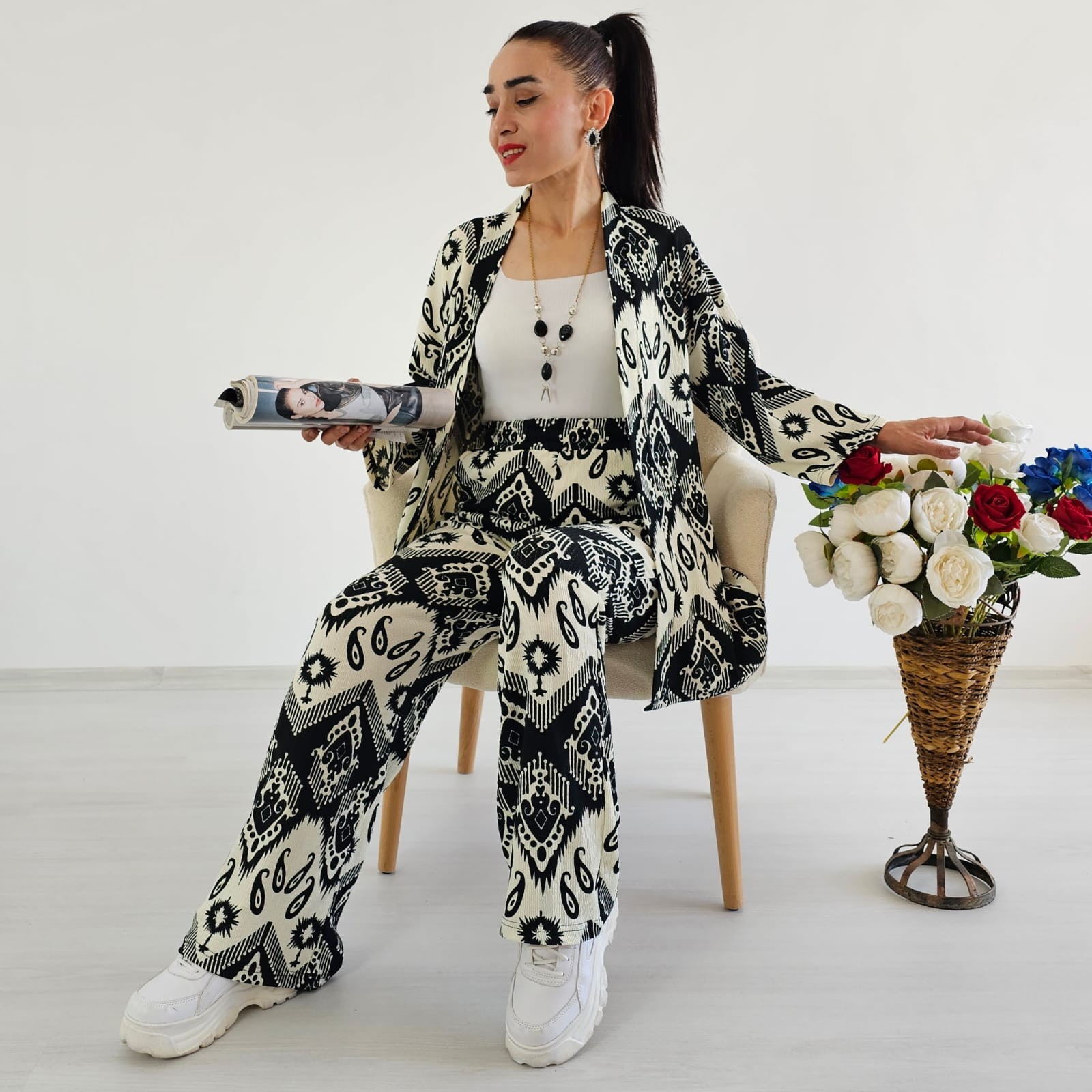 Trend Desenli Kimono Takımı - SİYAH