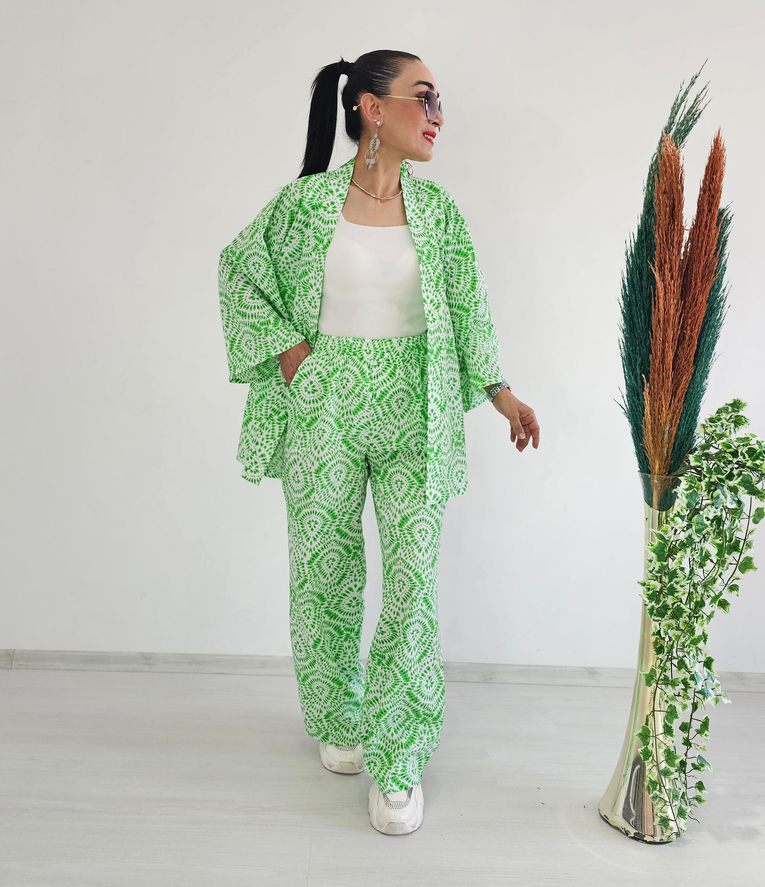 Çiçek Desen Kimono Takım - YEŞİL