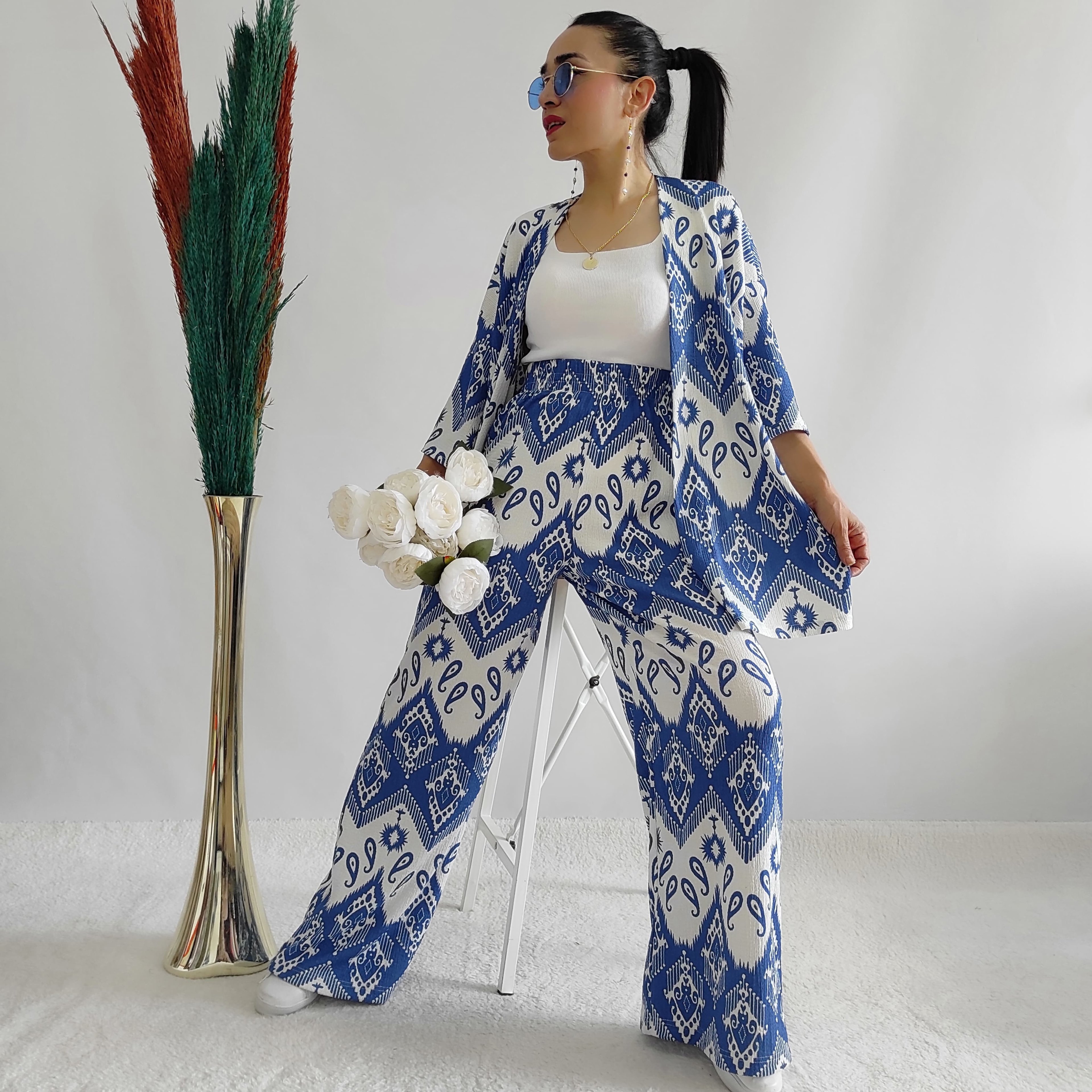 Geniş Paça Oversize Bürümcek Kumaş Desenli Kimono Takımı