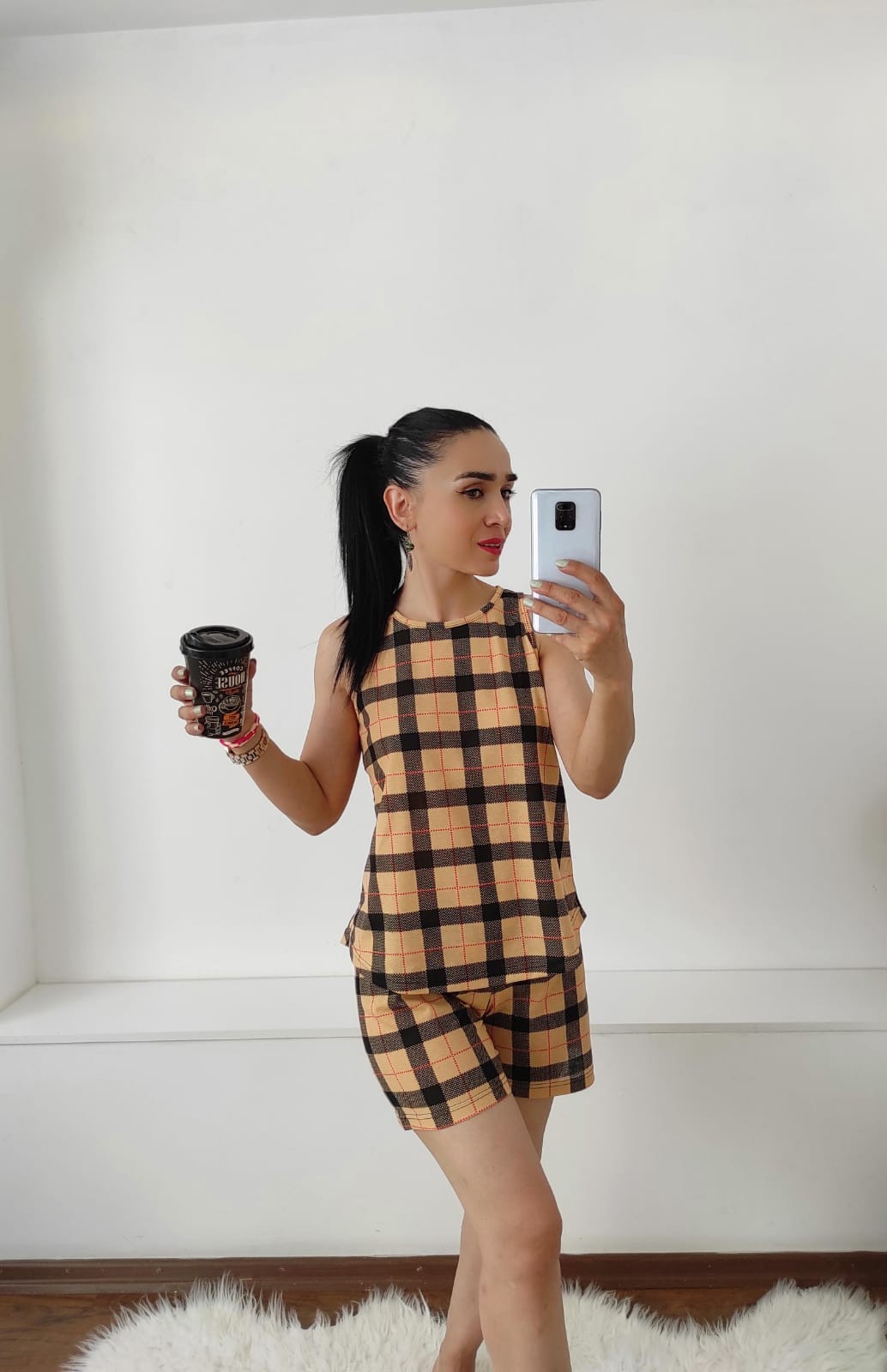 Ekose Şortlu Pijama Takım - CAMEL