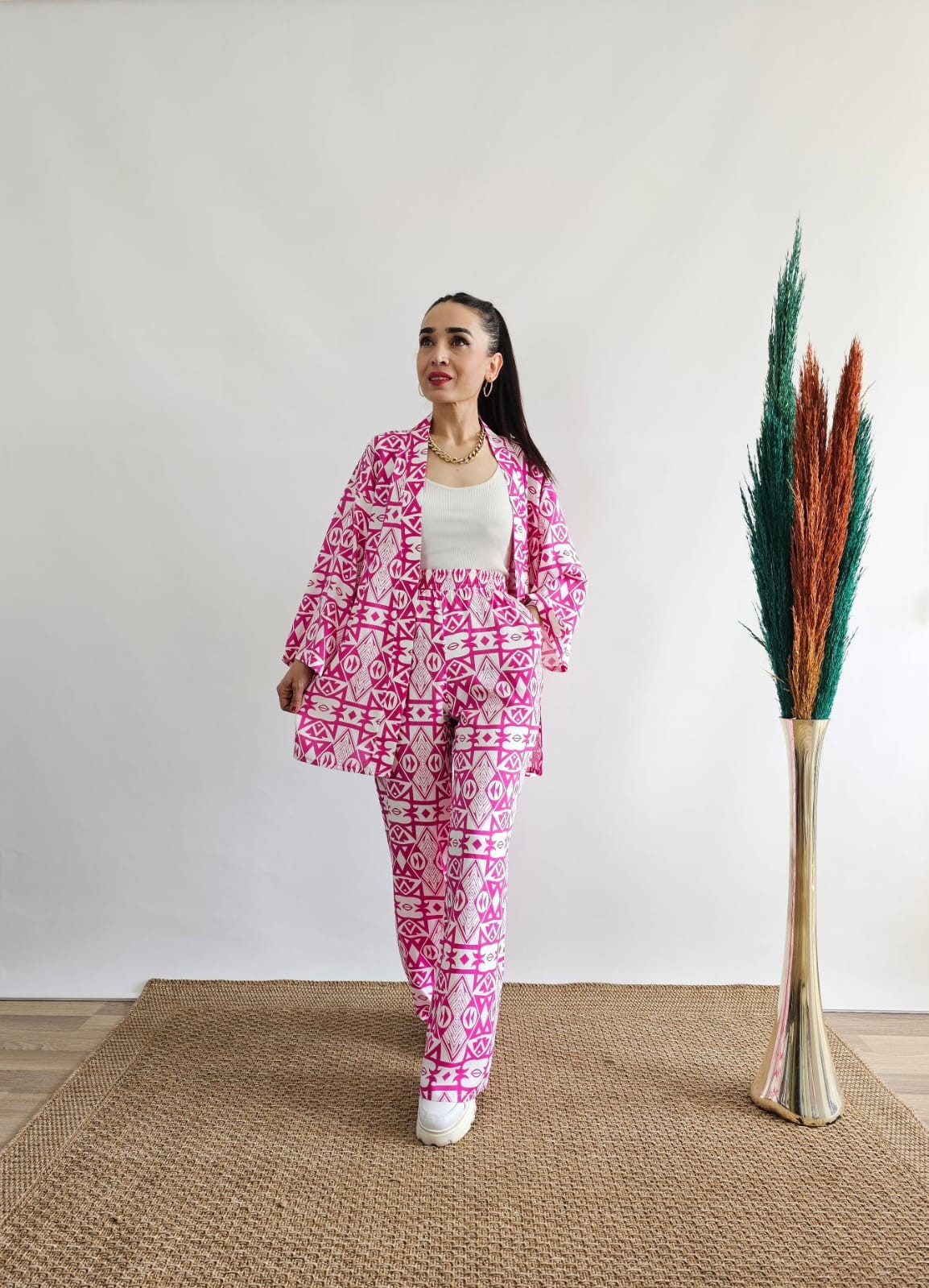 Etnik Desen Kimono Takım - Pembe