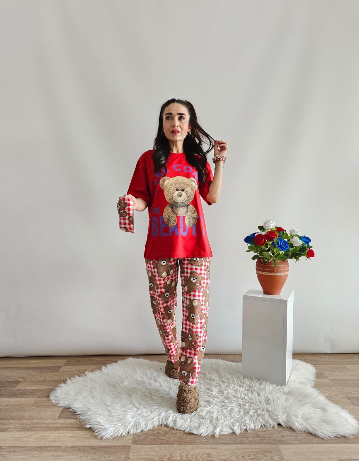 Altı Ekose Ayıcık Pijama Takımı - New kırmızı
