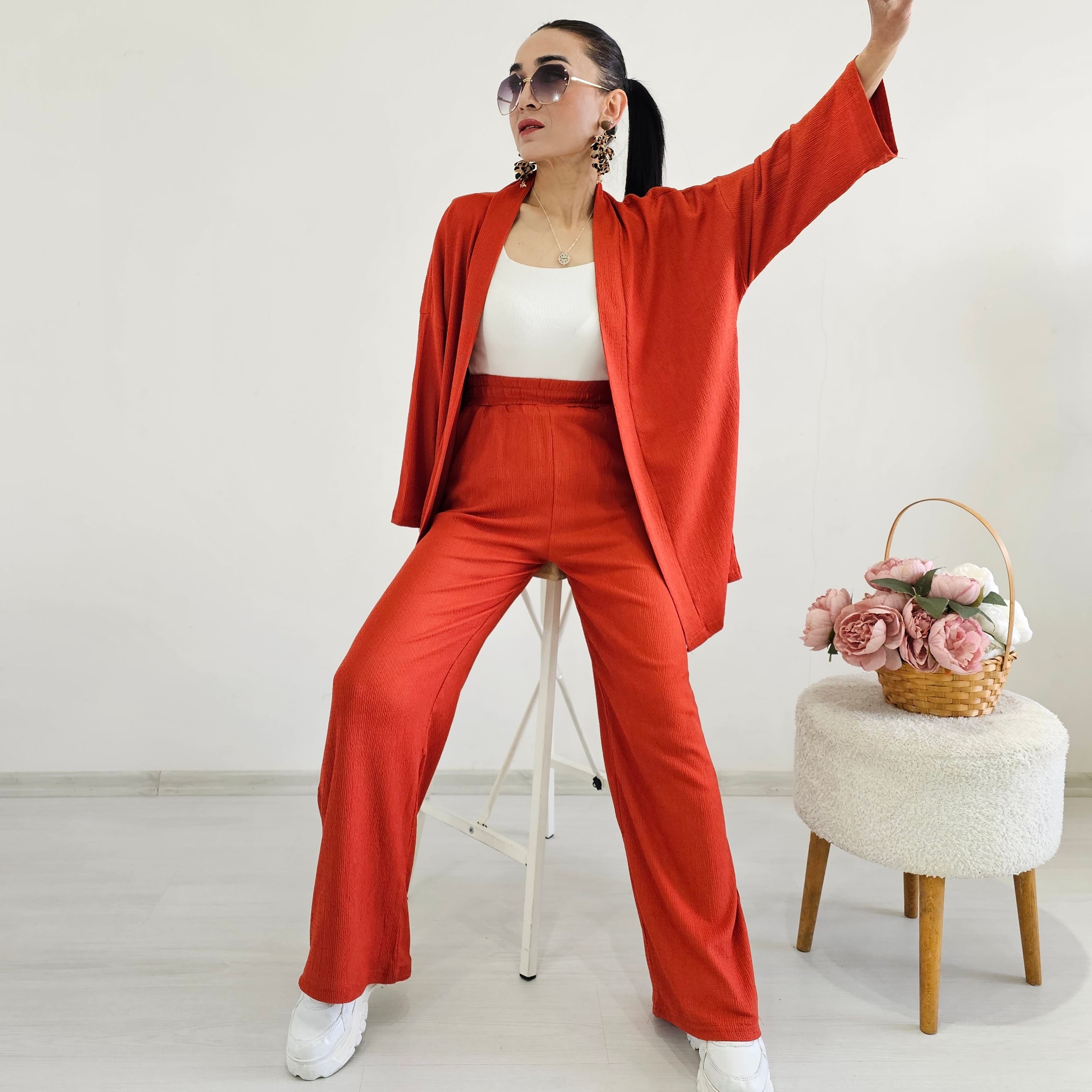 Bürümcek Kumaş Geniş Paça İkili Kimono Takımı - KİREMİT