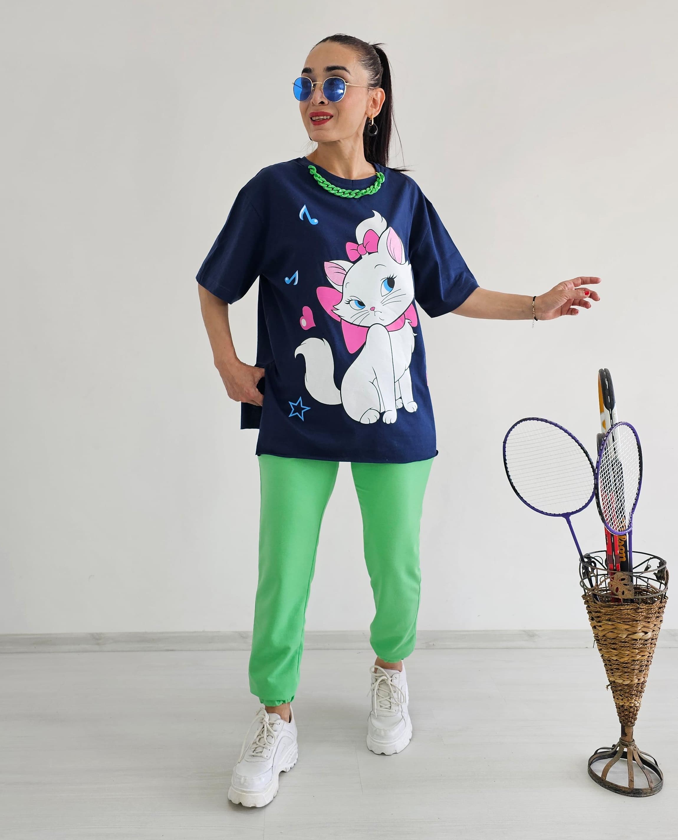 Kedi Baskı Kolyeli Eşofman Takımı - Lacivert