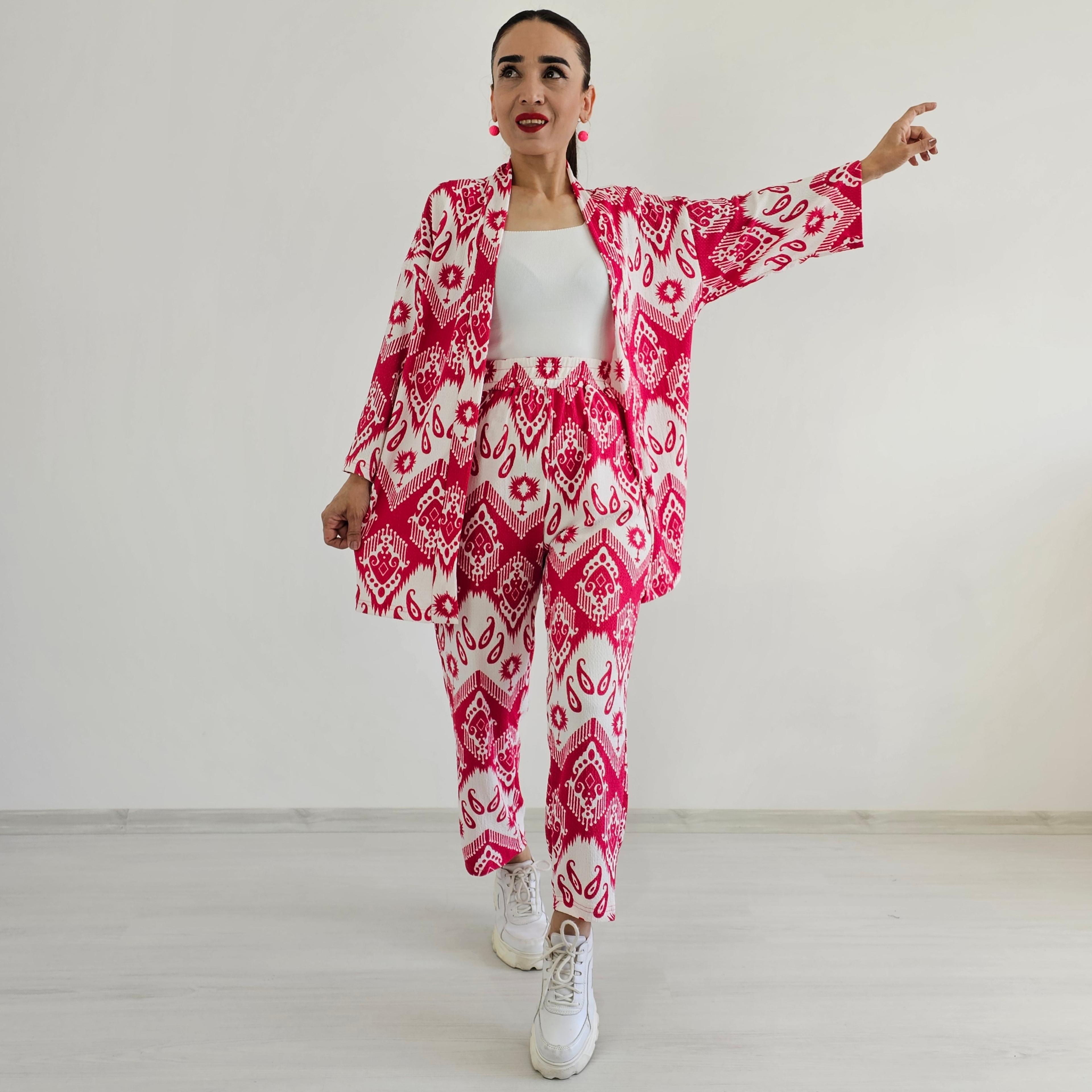 Dar Desenli Kimono Takımı - FUŞYA