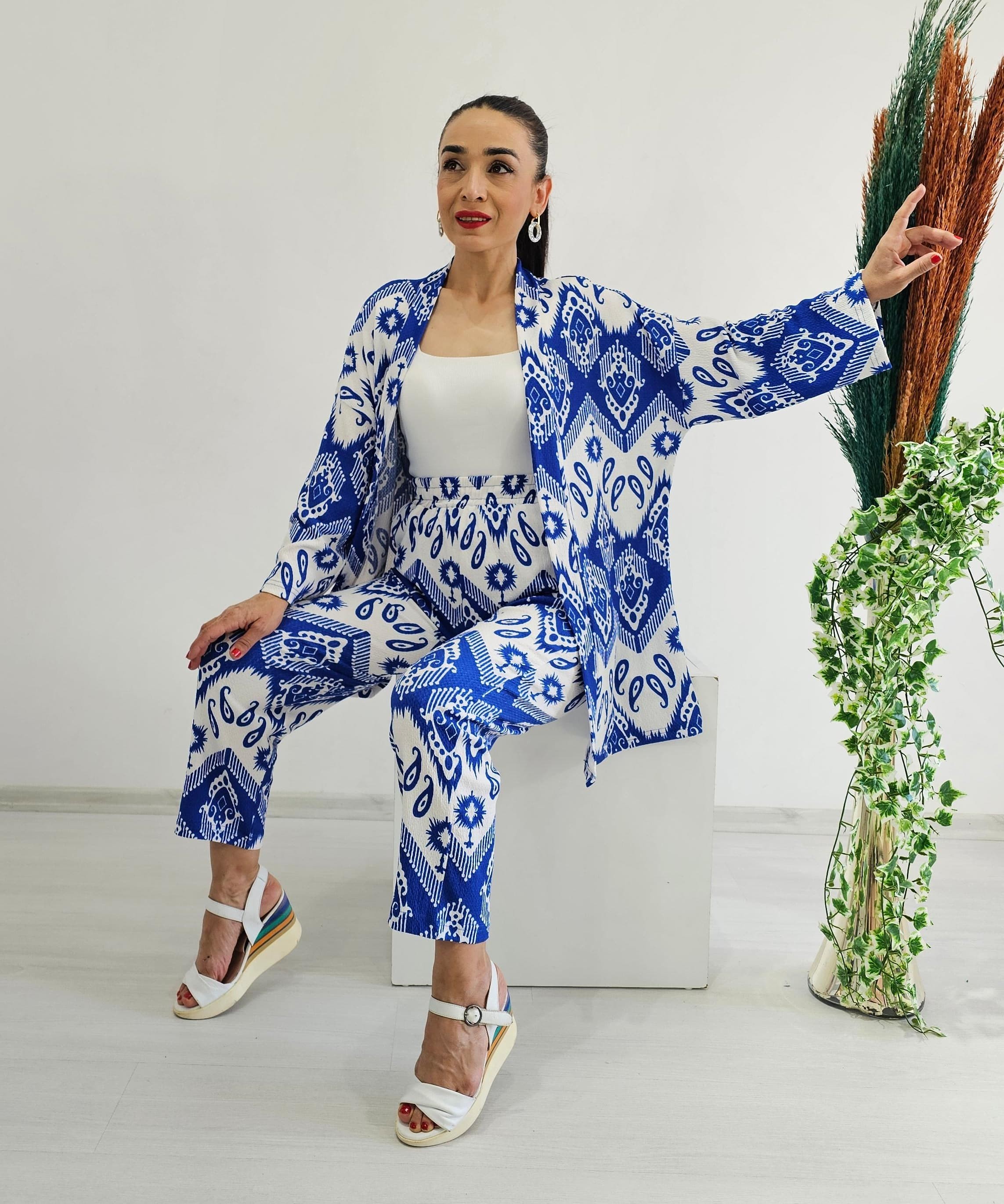 Dar Desenli Kimono Takımı - Mavi