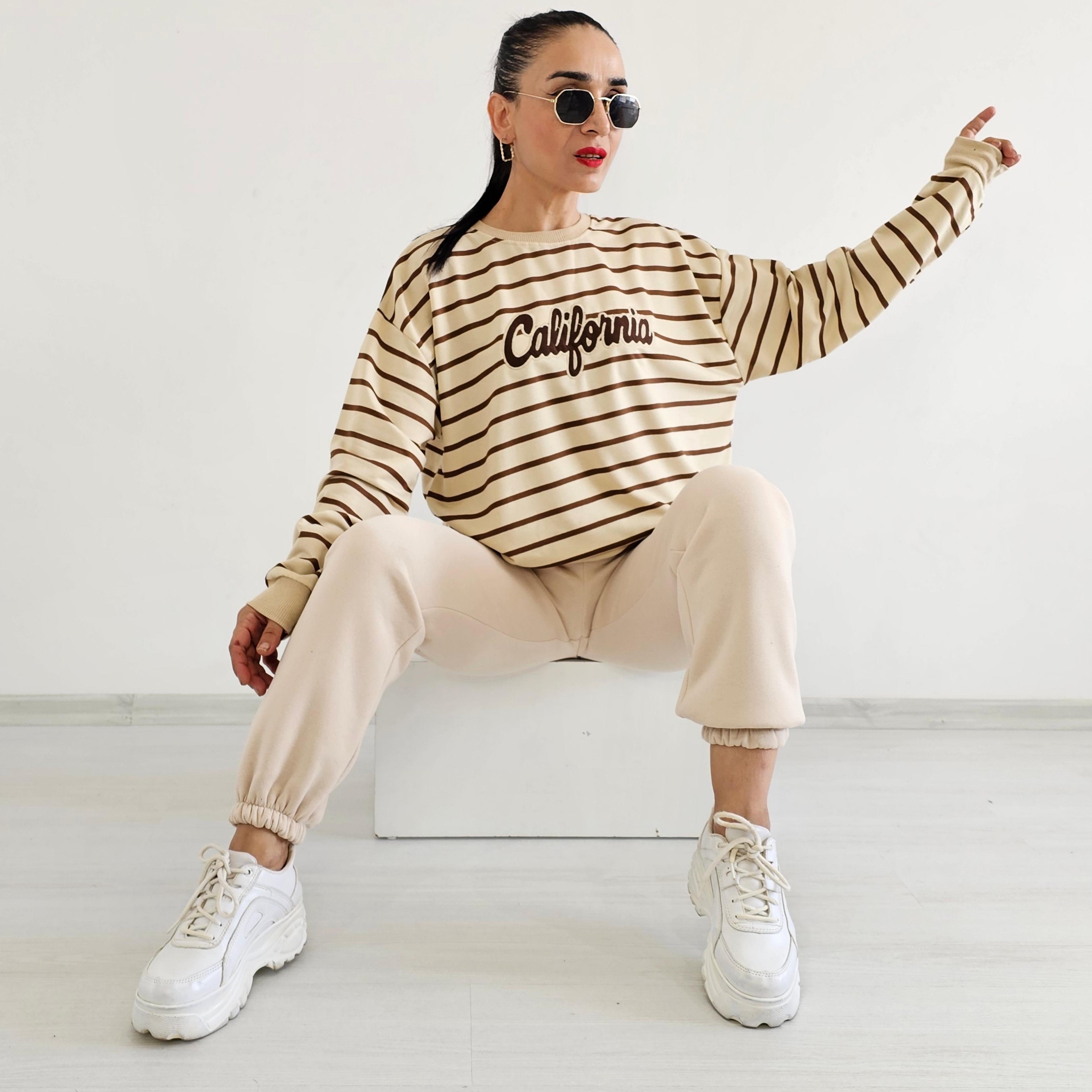 Çizgili California Baskı Sweatshirt - CAMEL