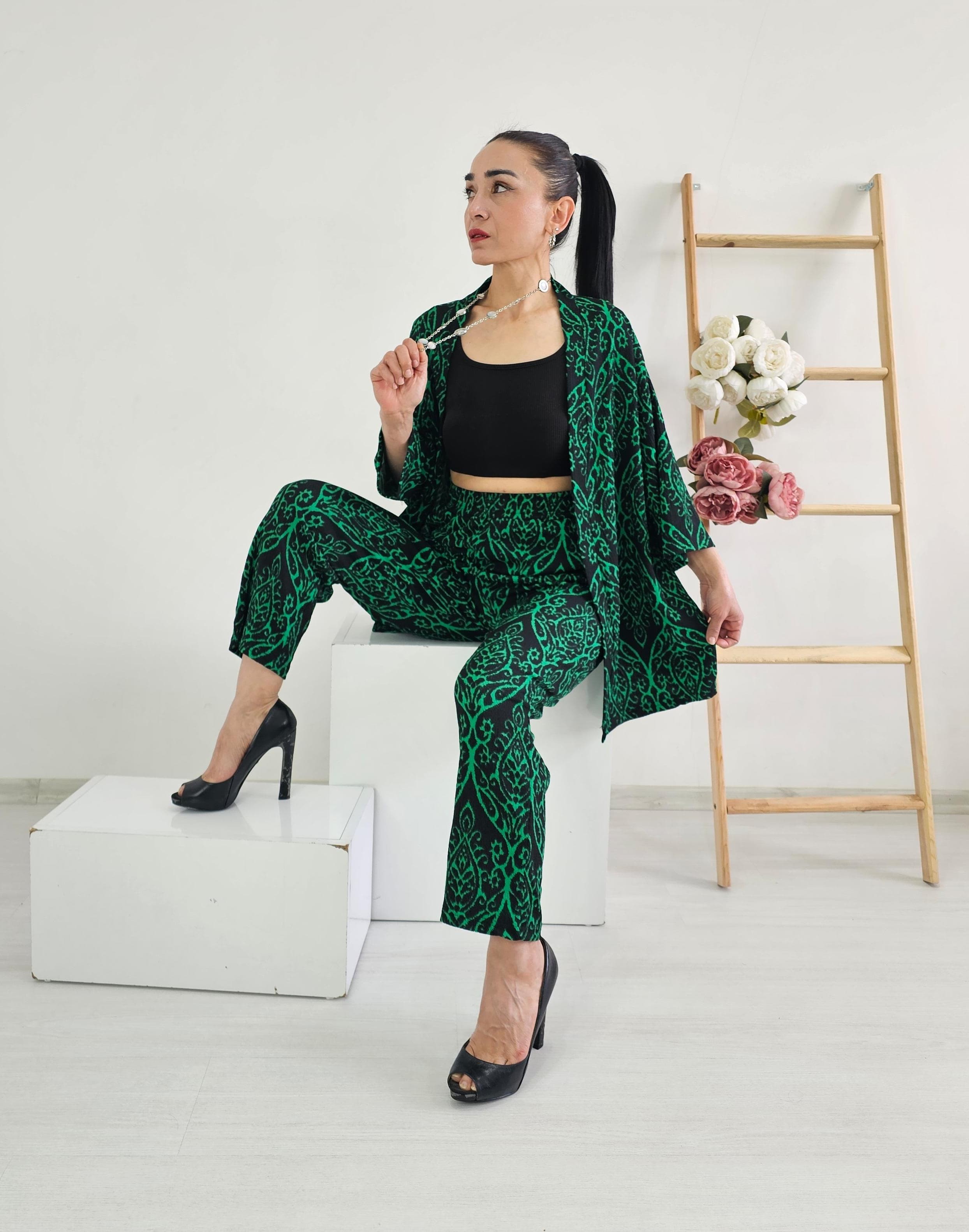 Havuç Paça Desenli Kimono Takımı