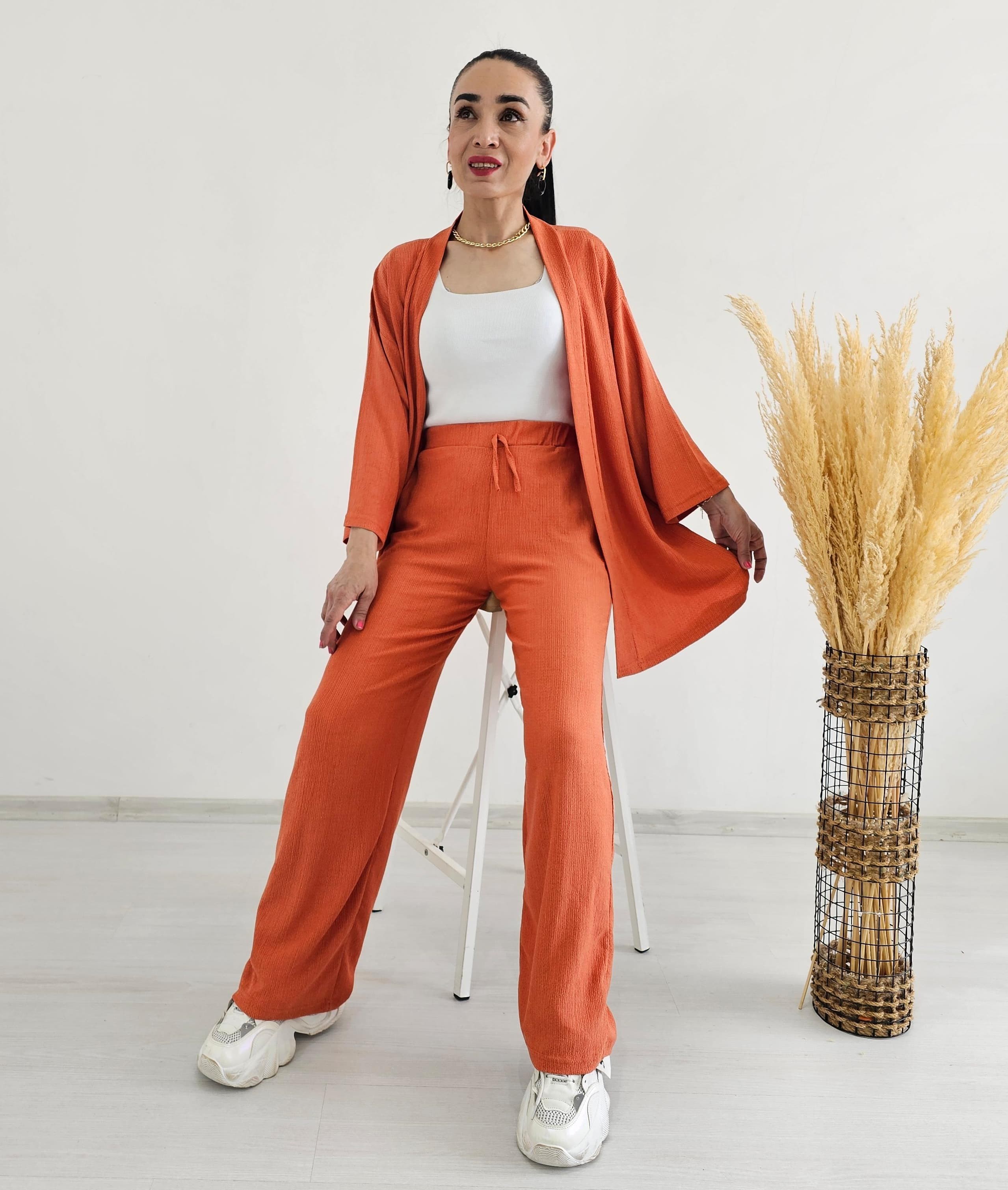 Bürümcek Kumaş Geniş Paça İkili Kimono Takımı - NEW KİREMİT