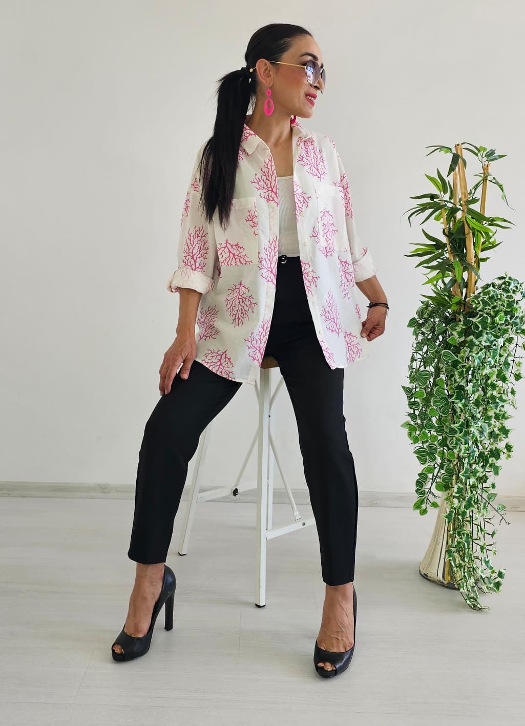 Yaprak Desen Gömlek - KIRMIZI