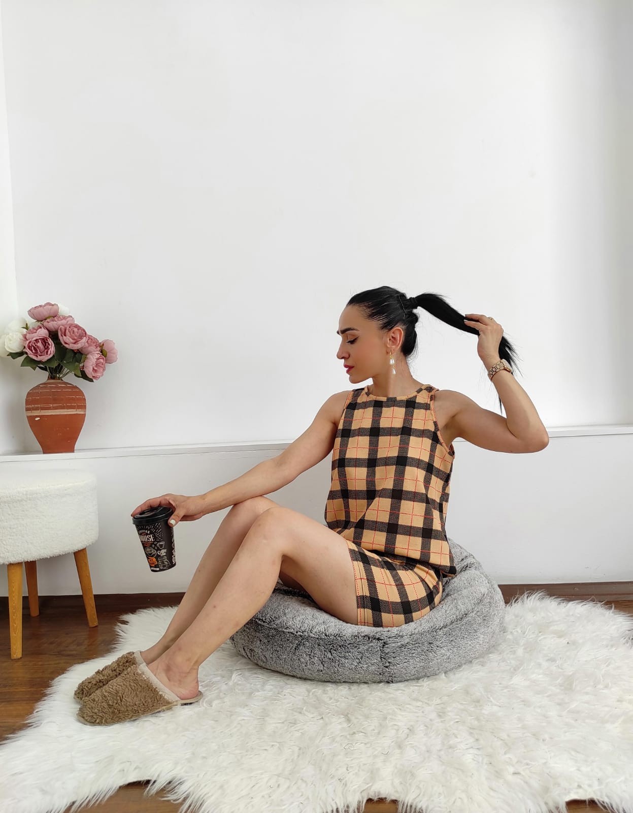 Ekose Şortlu Pijama Takım - CAMEL