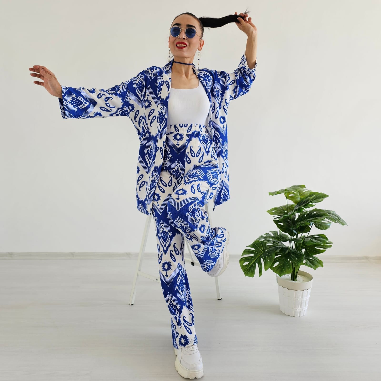 Trend Desenli Kimono Takımı - Mavi