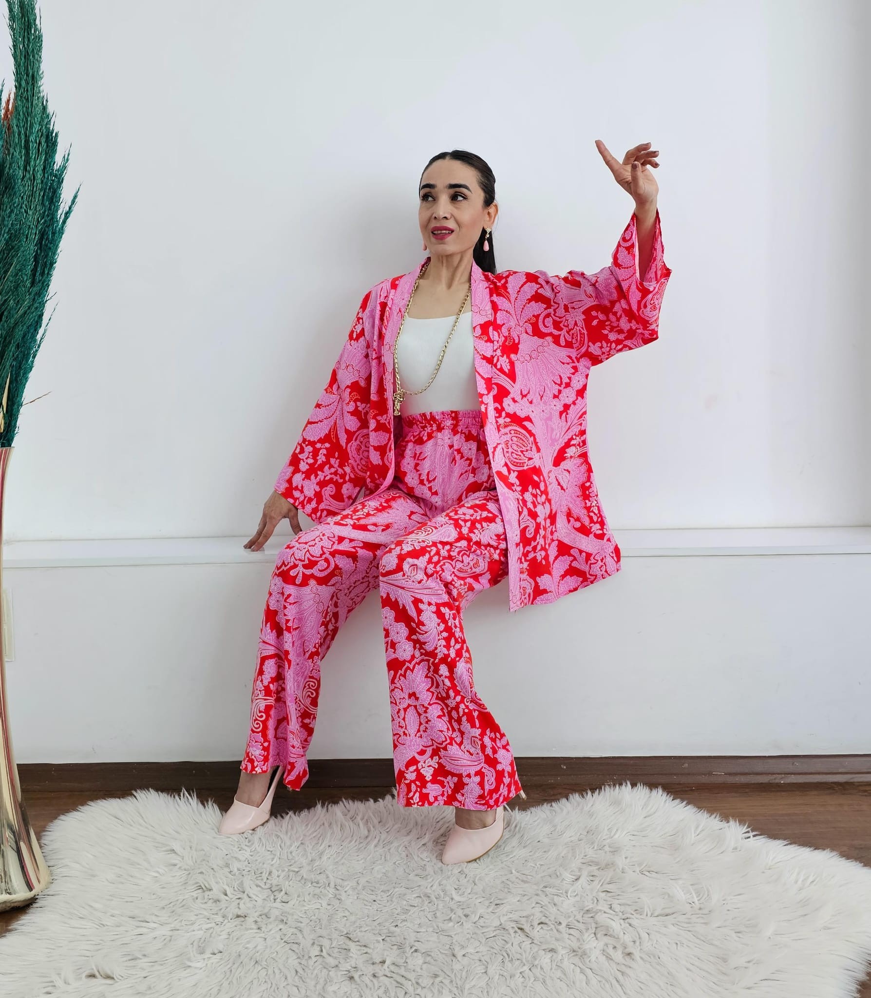 BTX Viskon Desenli Kimono Takım - Pembe
