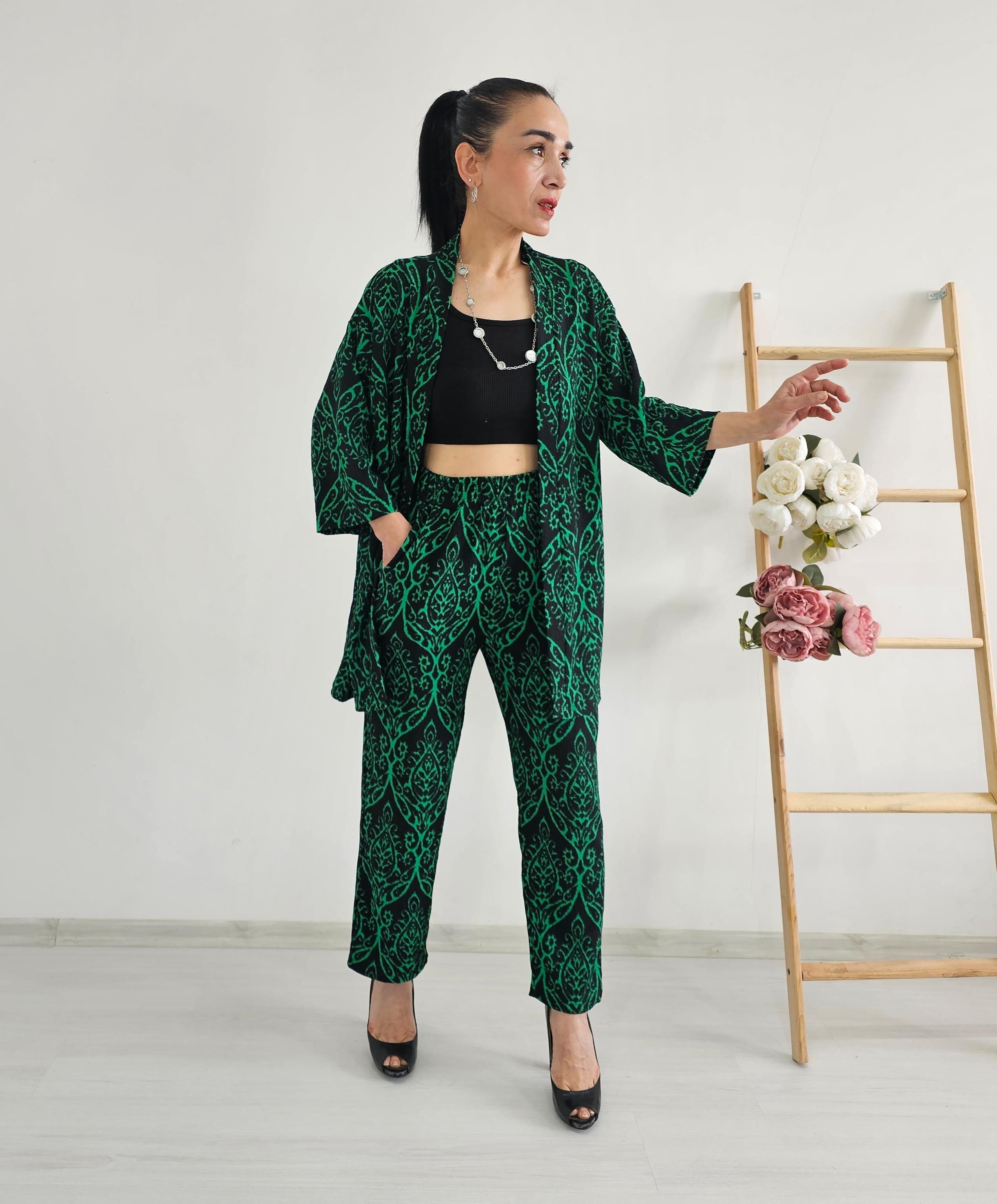 Havuç Paça Desenli Kimono Takımı - ZÜMRÜT YEŞİL