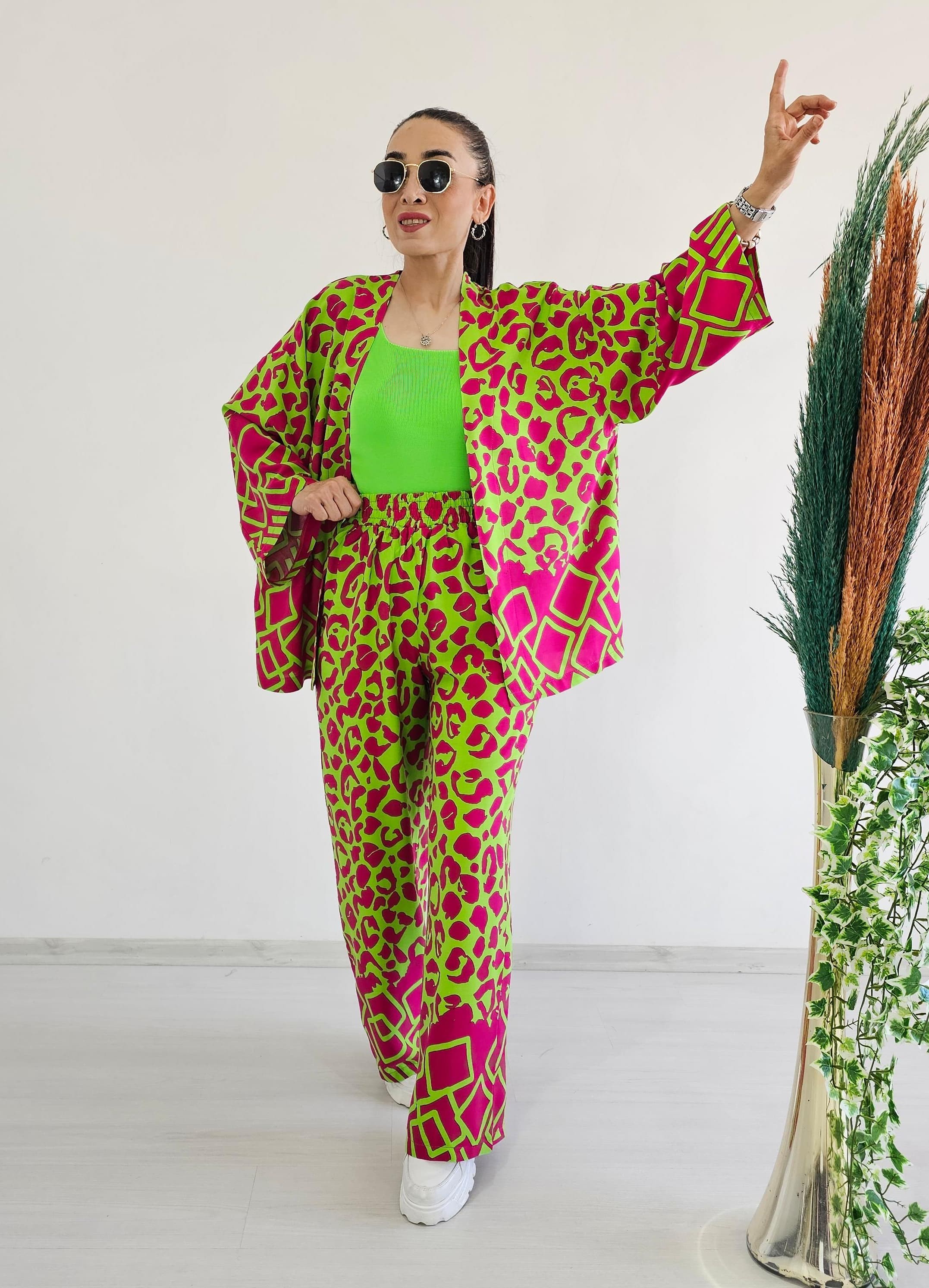 Taş Desen Viskon Kimono Takım - ÇİMEN YEŞİL