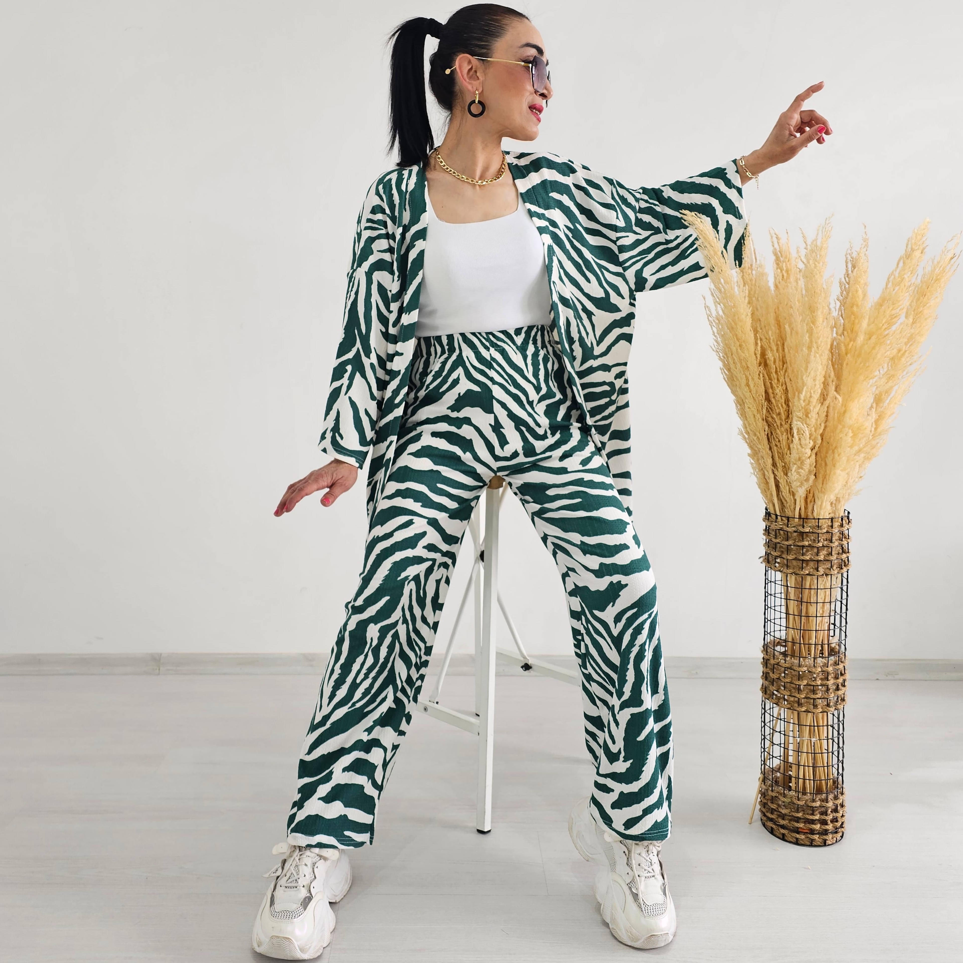 Tam bel Zebra Desen Kimono Takımı