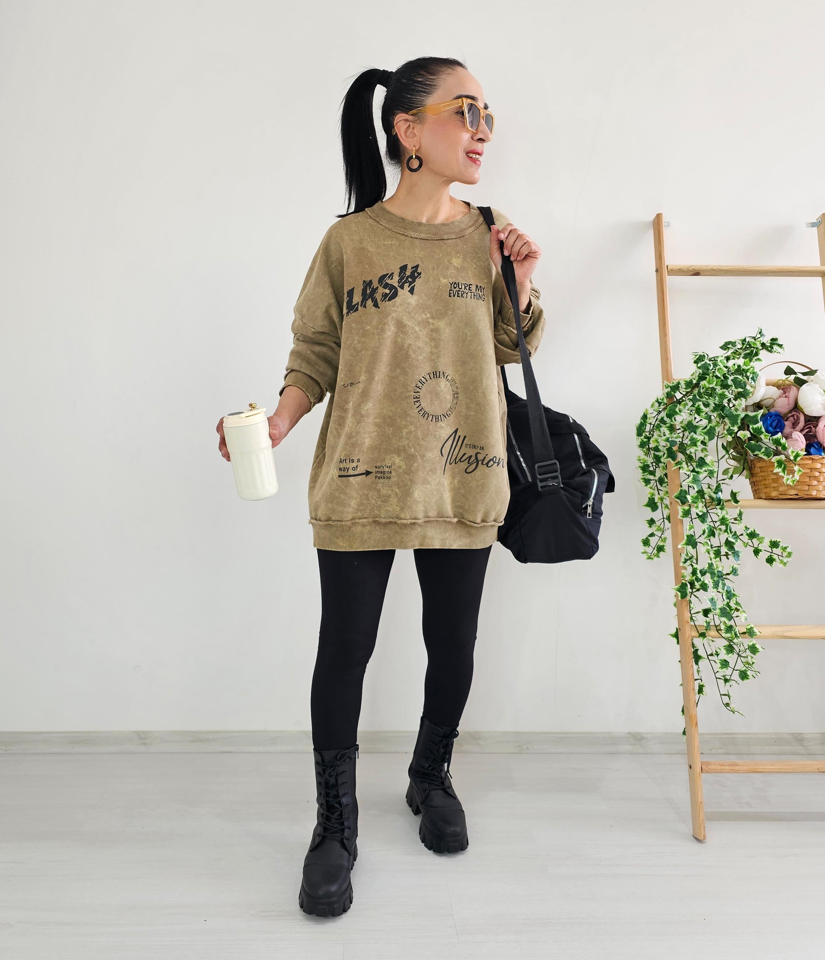 Sıfır Yaka Yıkamalı Oversize Sweatshirt - CAMEL