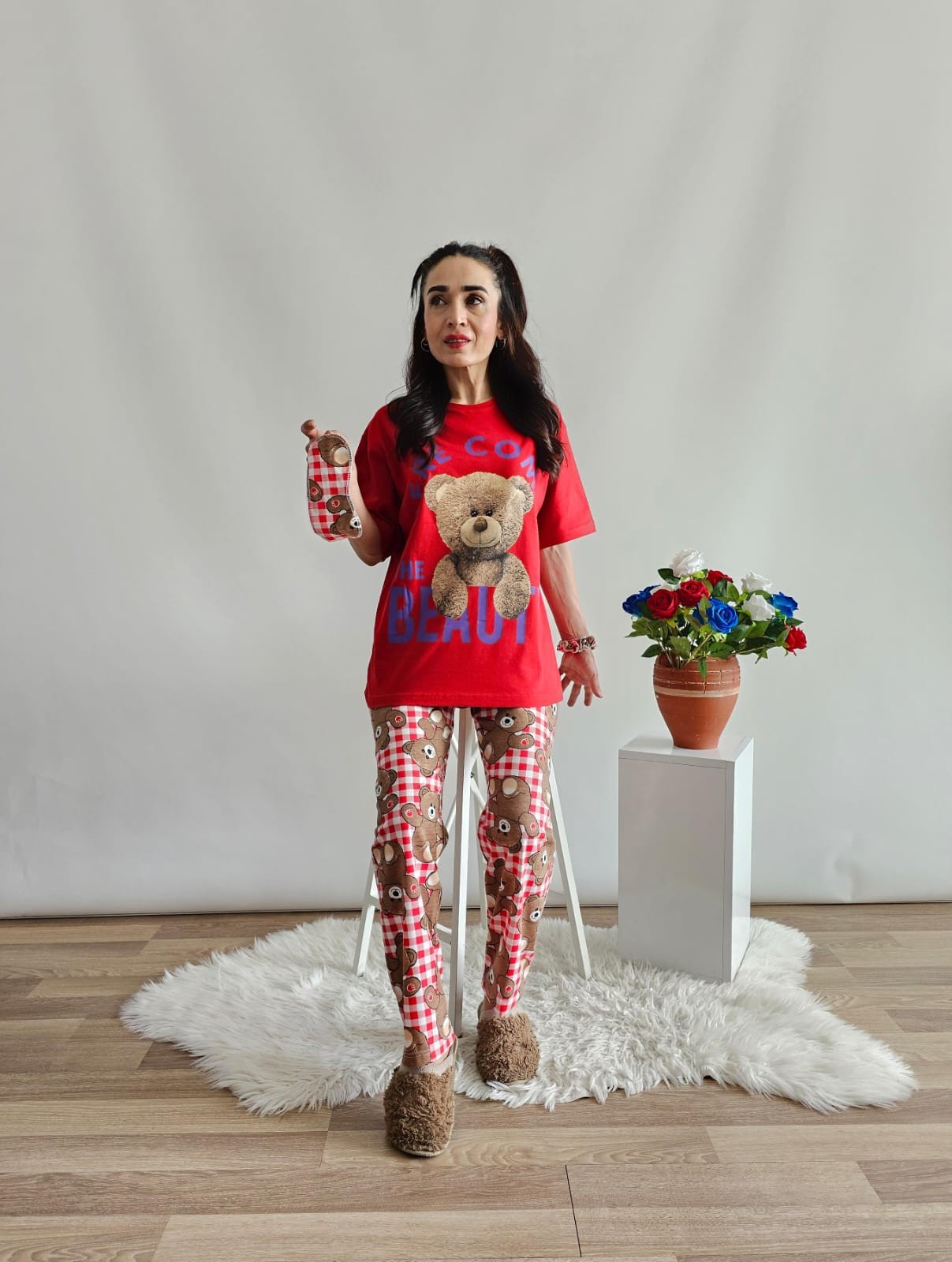 Altı Ekose Ayıcık Pijama Takımı - New kırmızı