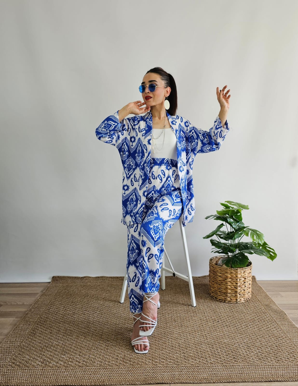 Dar Desenli Kimono Takımı - Mavi