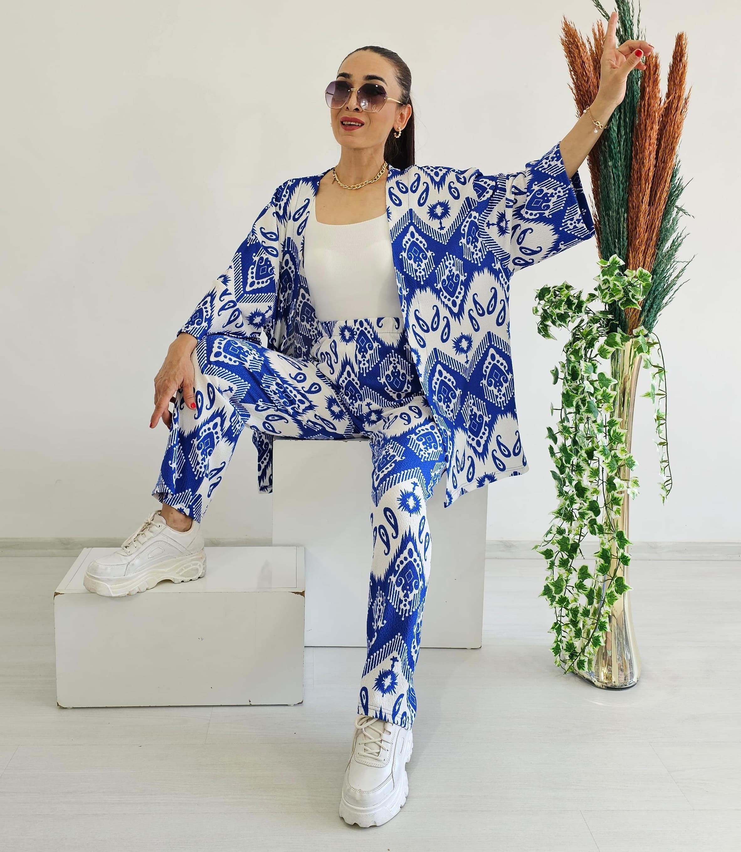 Tam Bel Boru Paça Desenli Kimono Takımı - Mavi