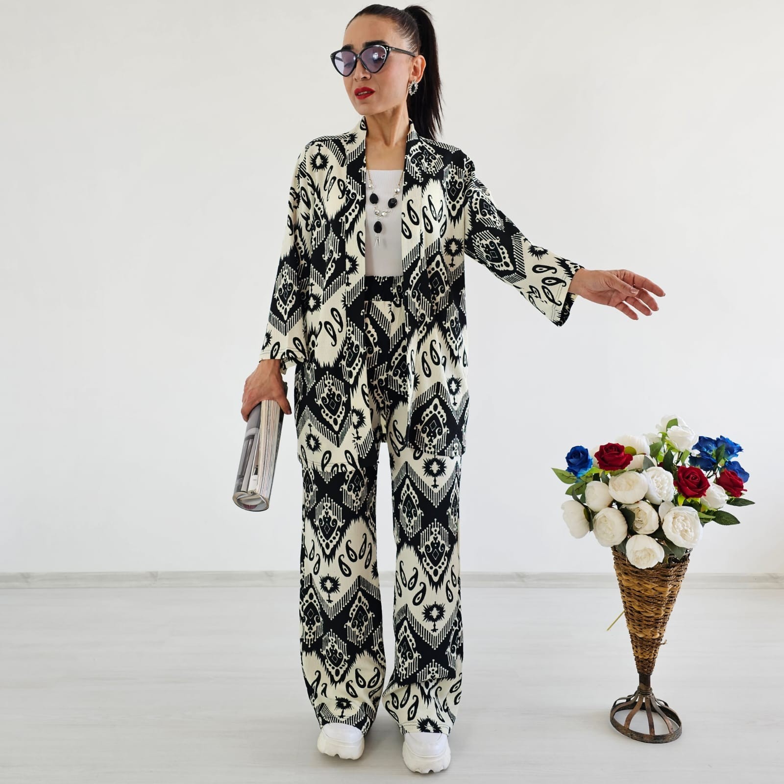 Trend Desenli Kimono Takımı - SİYAH