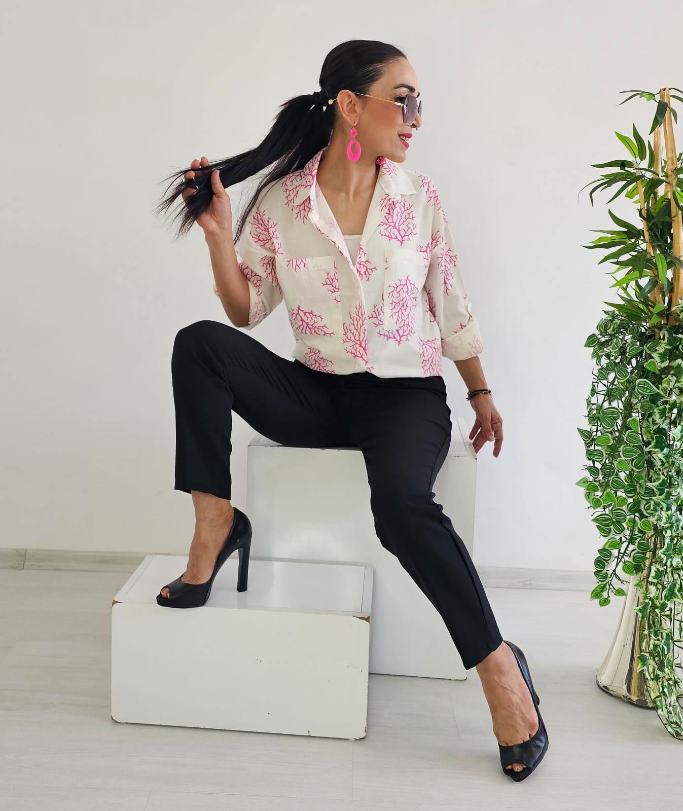 Yaprak Desen Gömlek - KIRMIZI