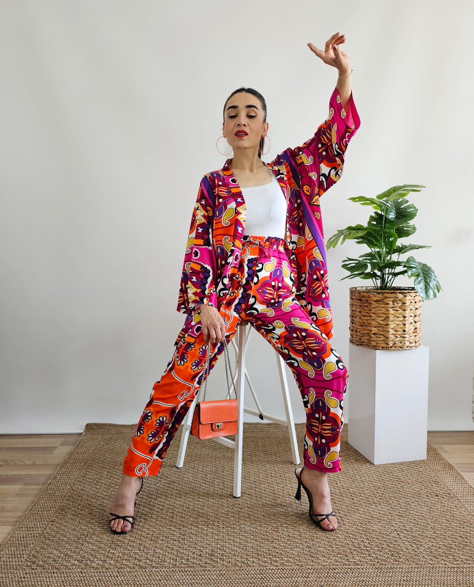 New Etnik Desen Şalvar Kimono Takımı  - FUŞYA