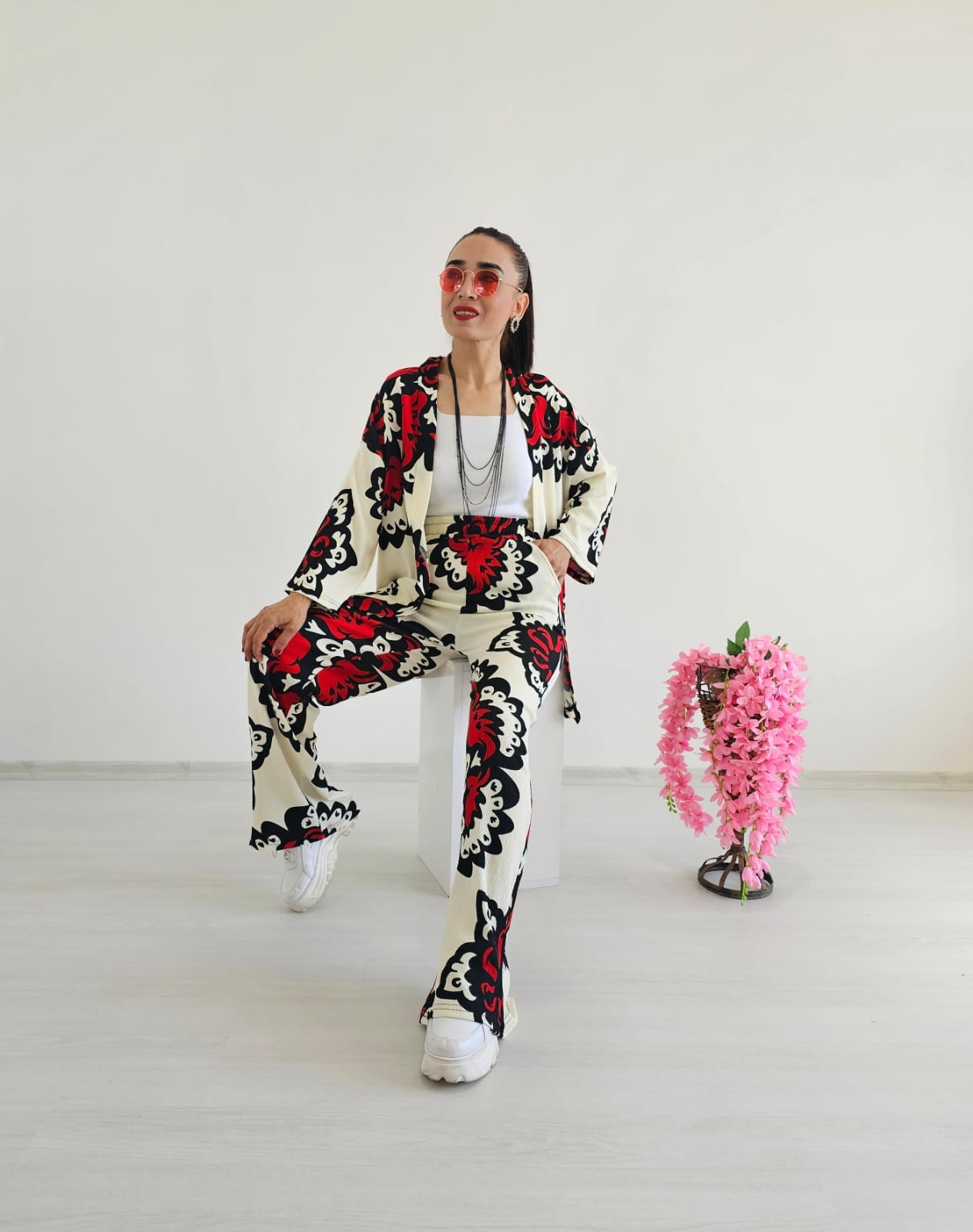Etnik Desen Trend Kimono Takımı - KIRMIZI