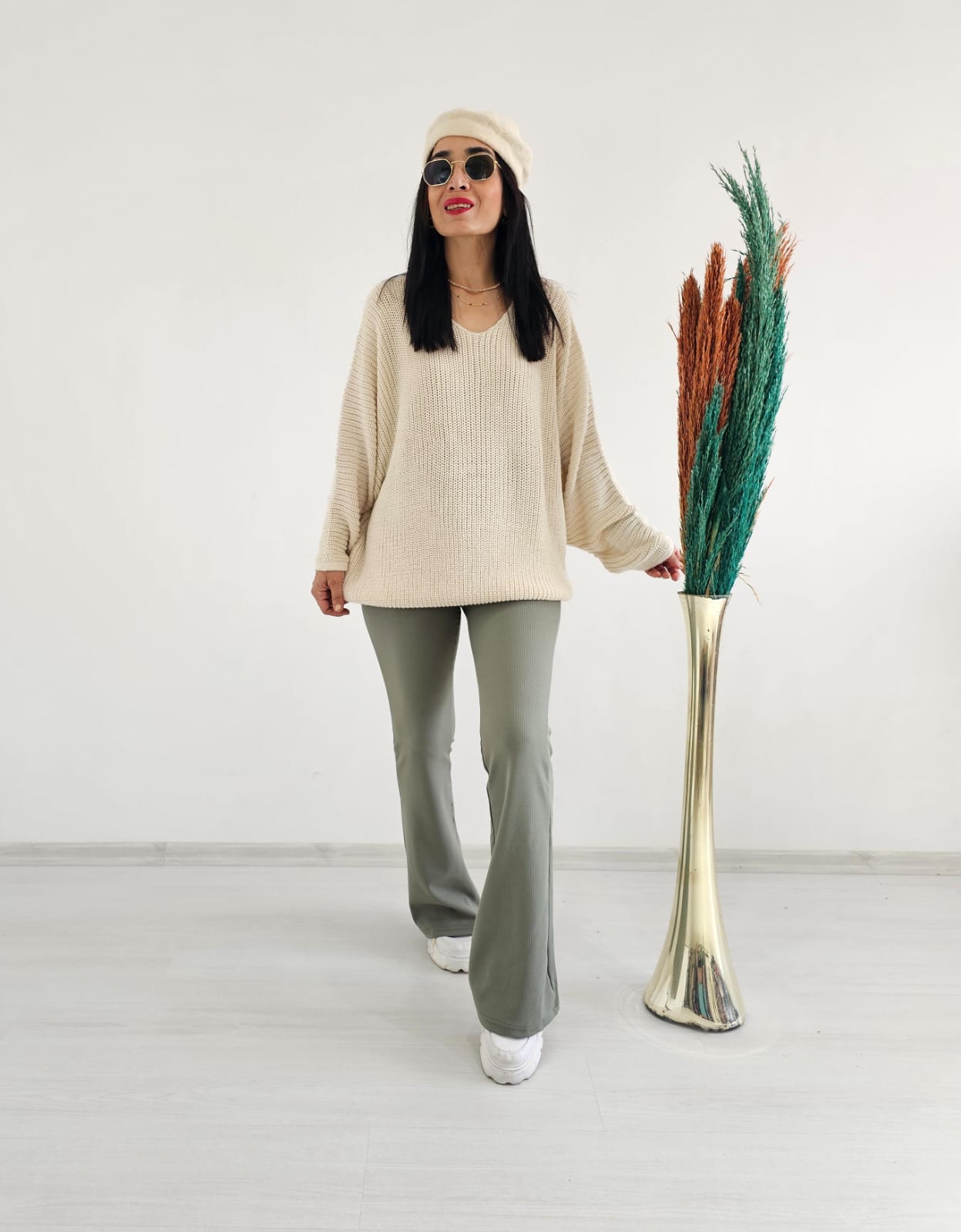 Yarasa Kol Örme Kazak - Krem