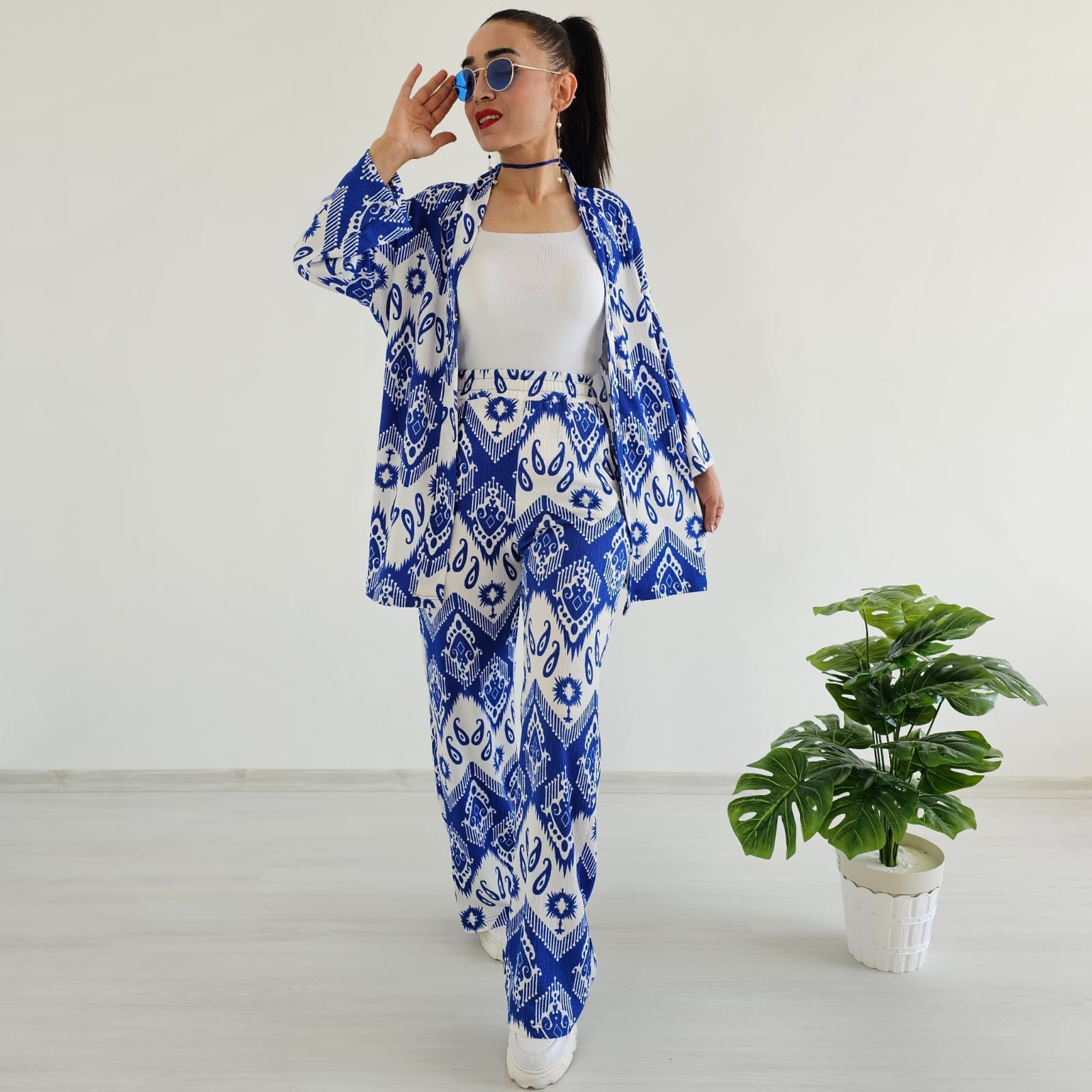 Trend Desenli Kimono Takımı - Mavi