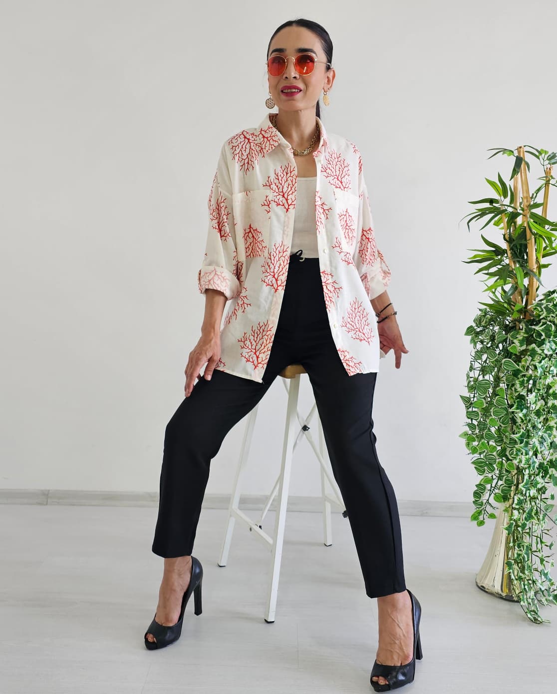 Yaprak Desen Gömlek - Pembe